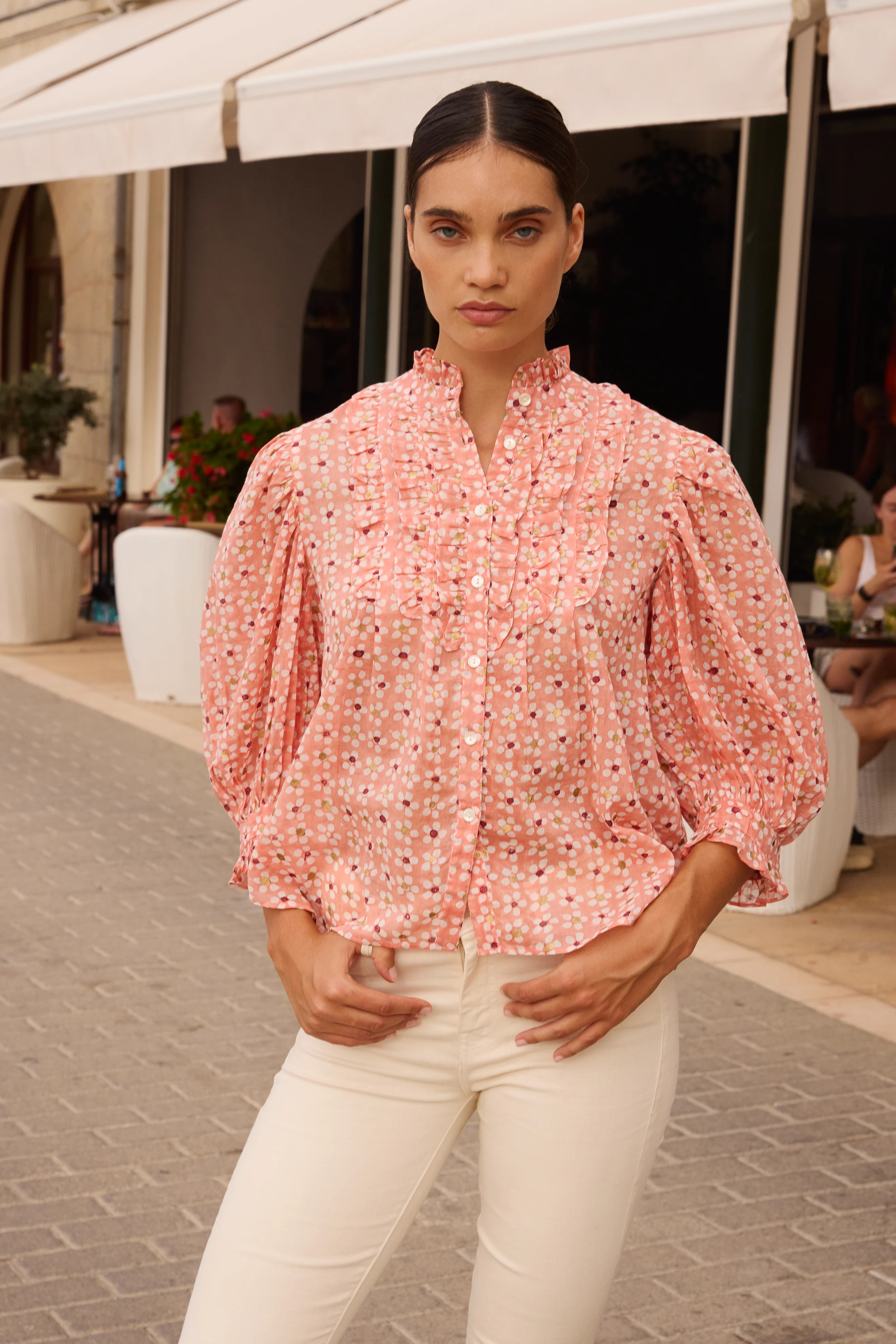 Ruffle Front Button Blouse- Aster Pink - Image 2