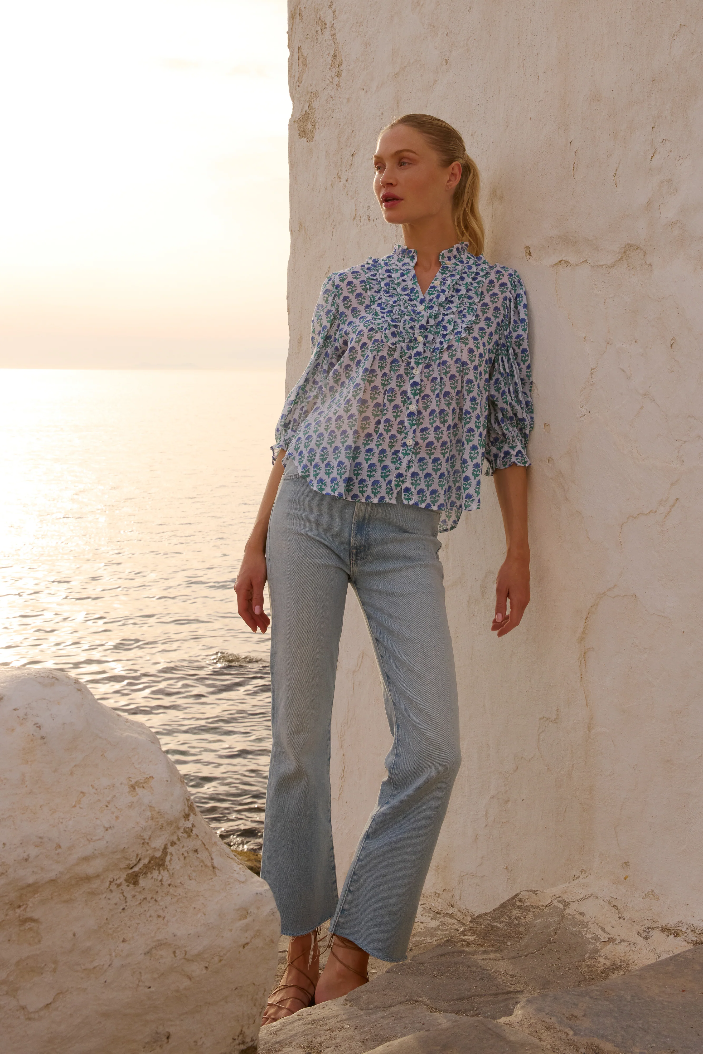 Ruffle Front Button Blouse- Boti Blue - Image 3