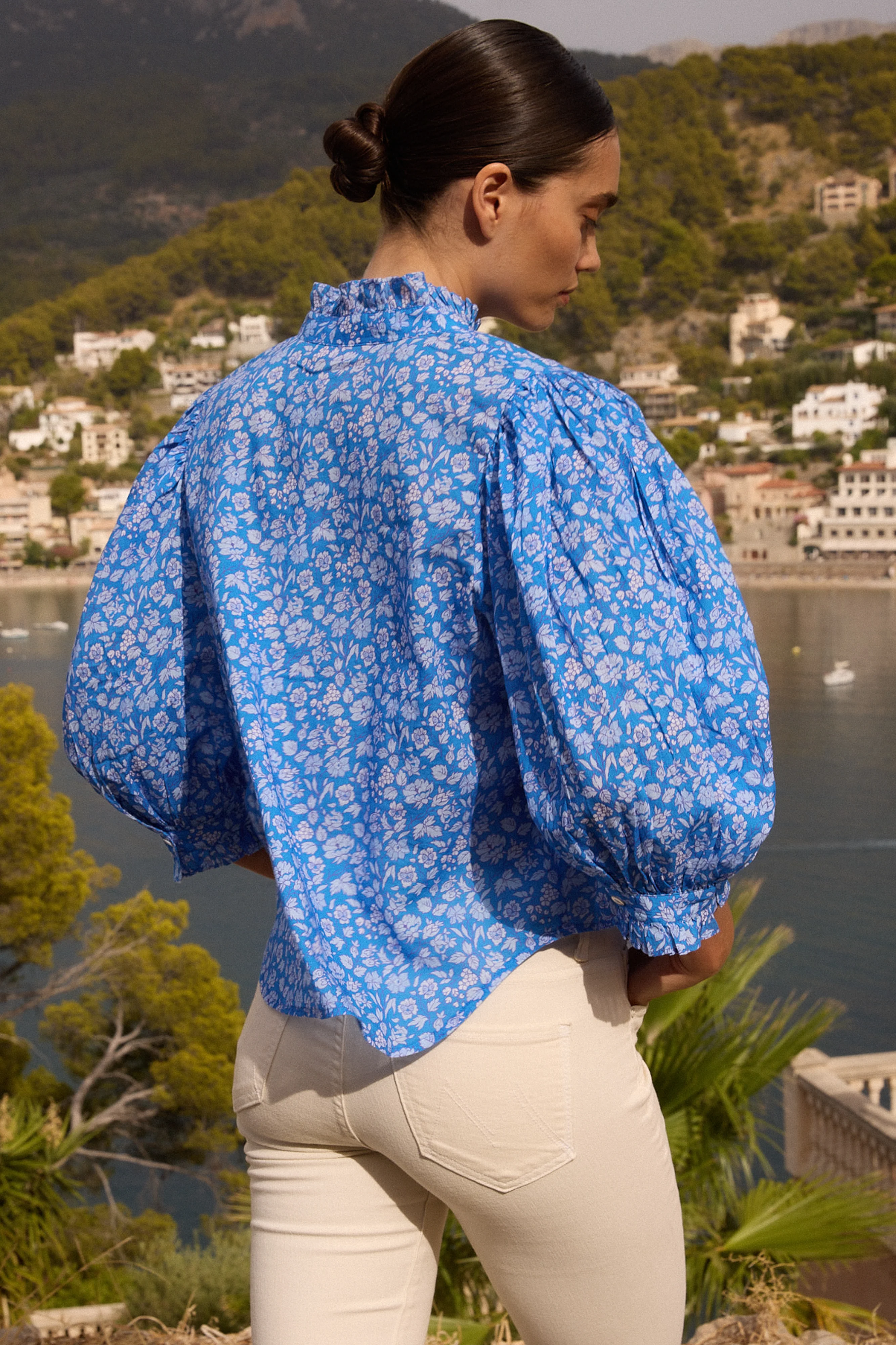 Ruffle Front Button Blouse- Ditsy Blue - Image 6