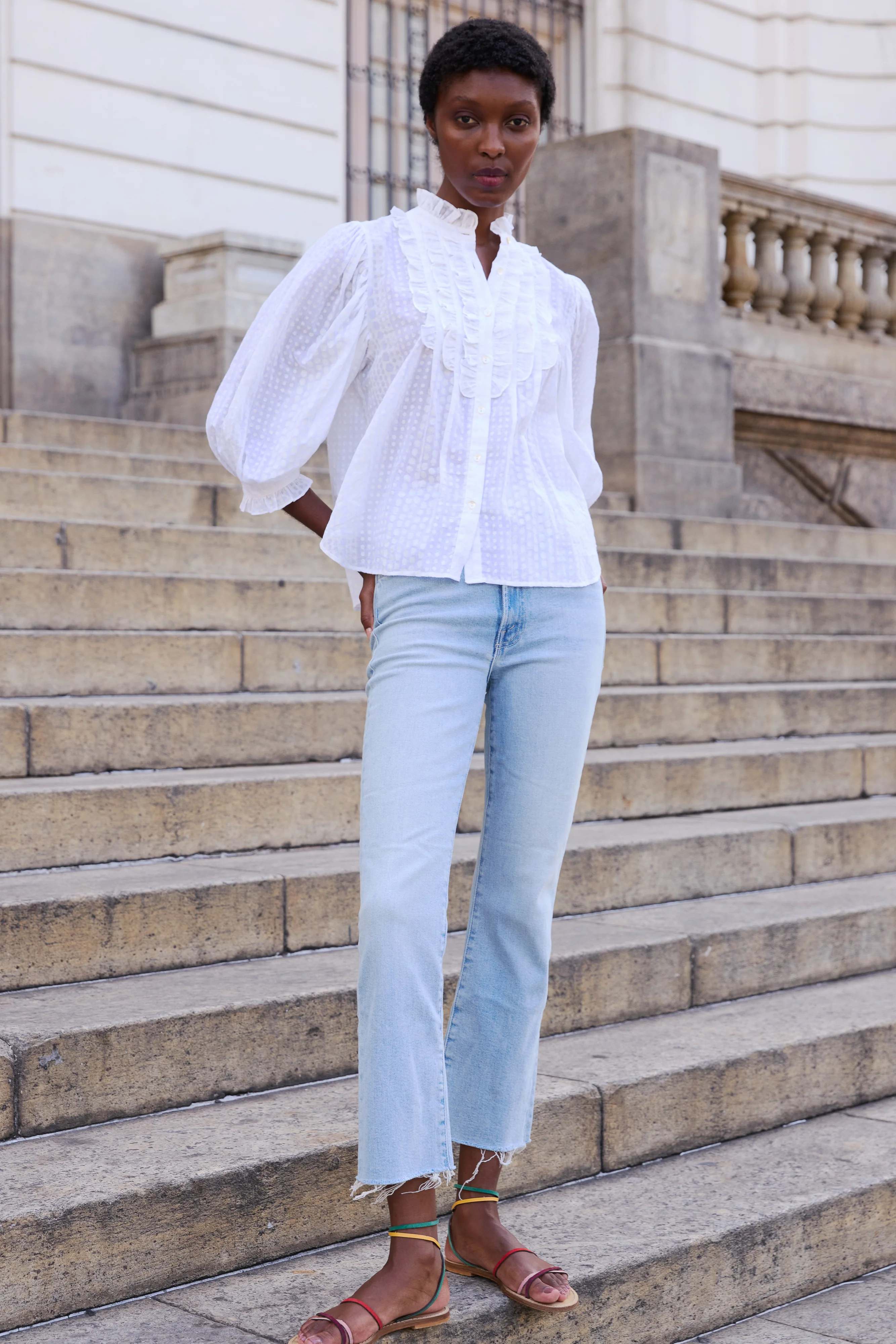 Ruffle Front Button Blouse- Domino White - Image 2