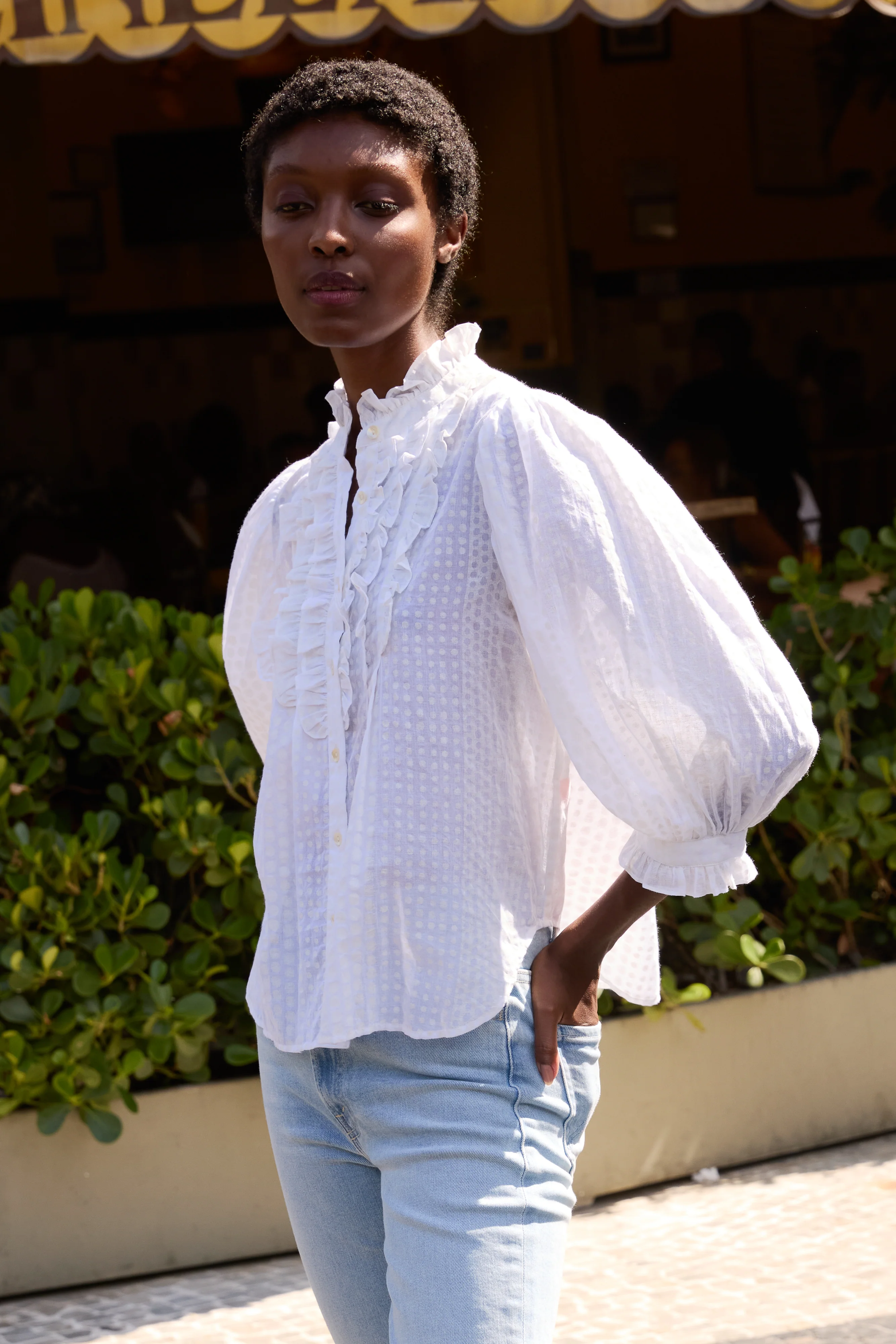 Ruffle Front Button Blouse- Domino White - Image 3