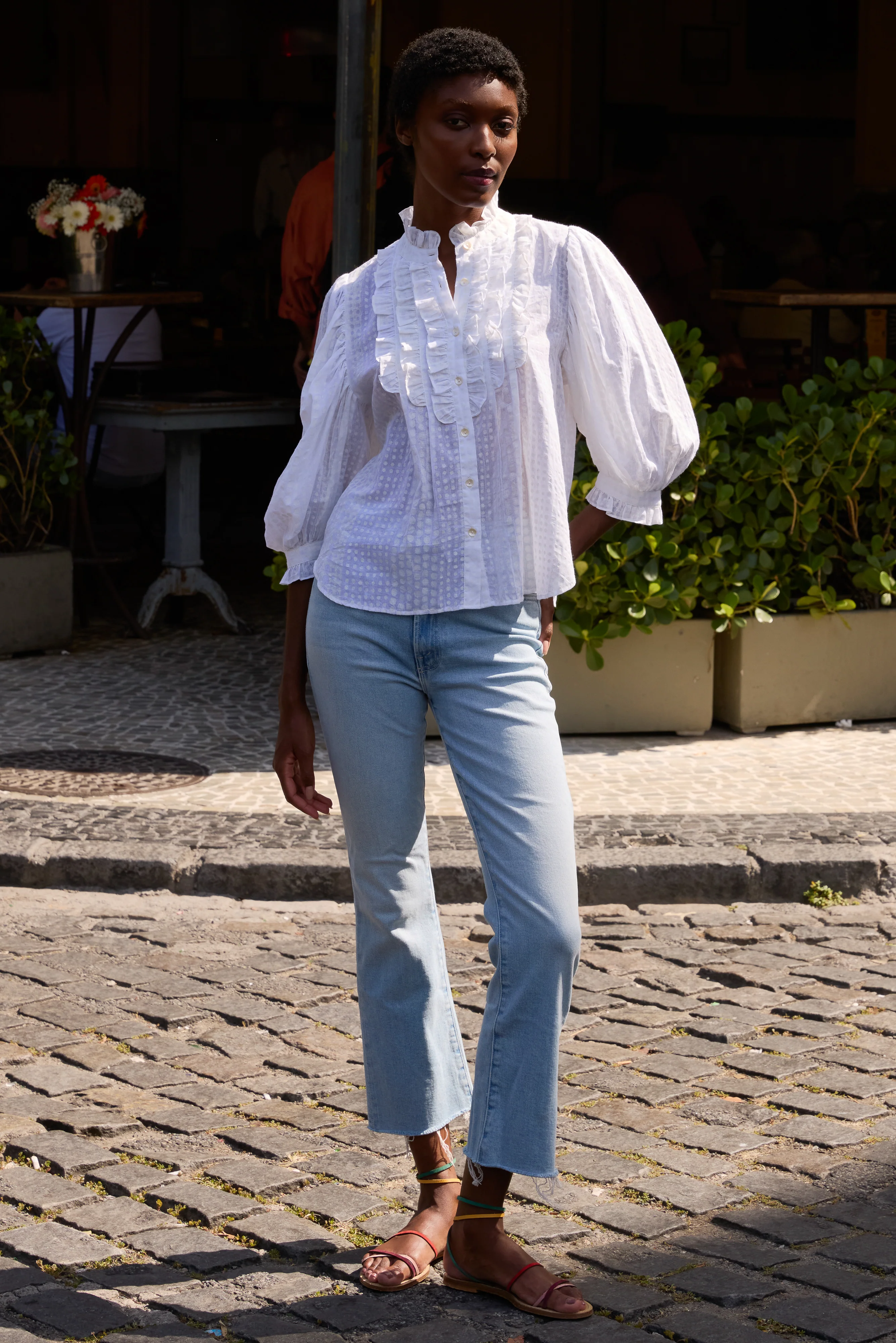 Ruffle Front Button Blouse- Domino White - Image 4