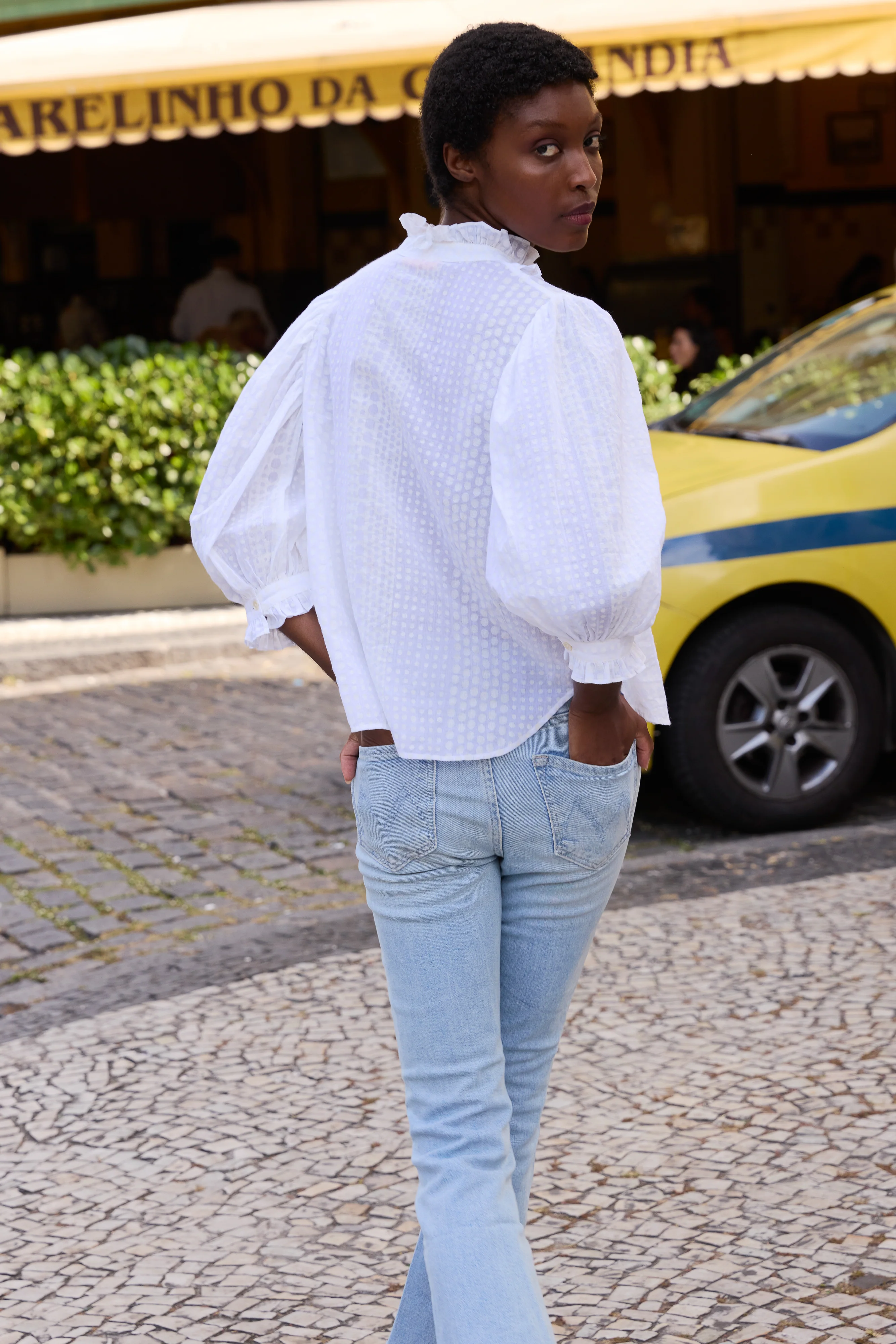 Ruffle Front Button Blouse- Domino White - Image 5