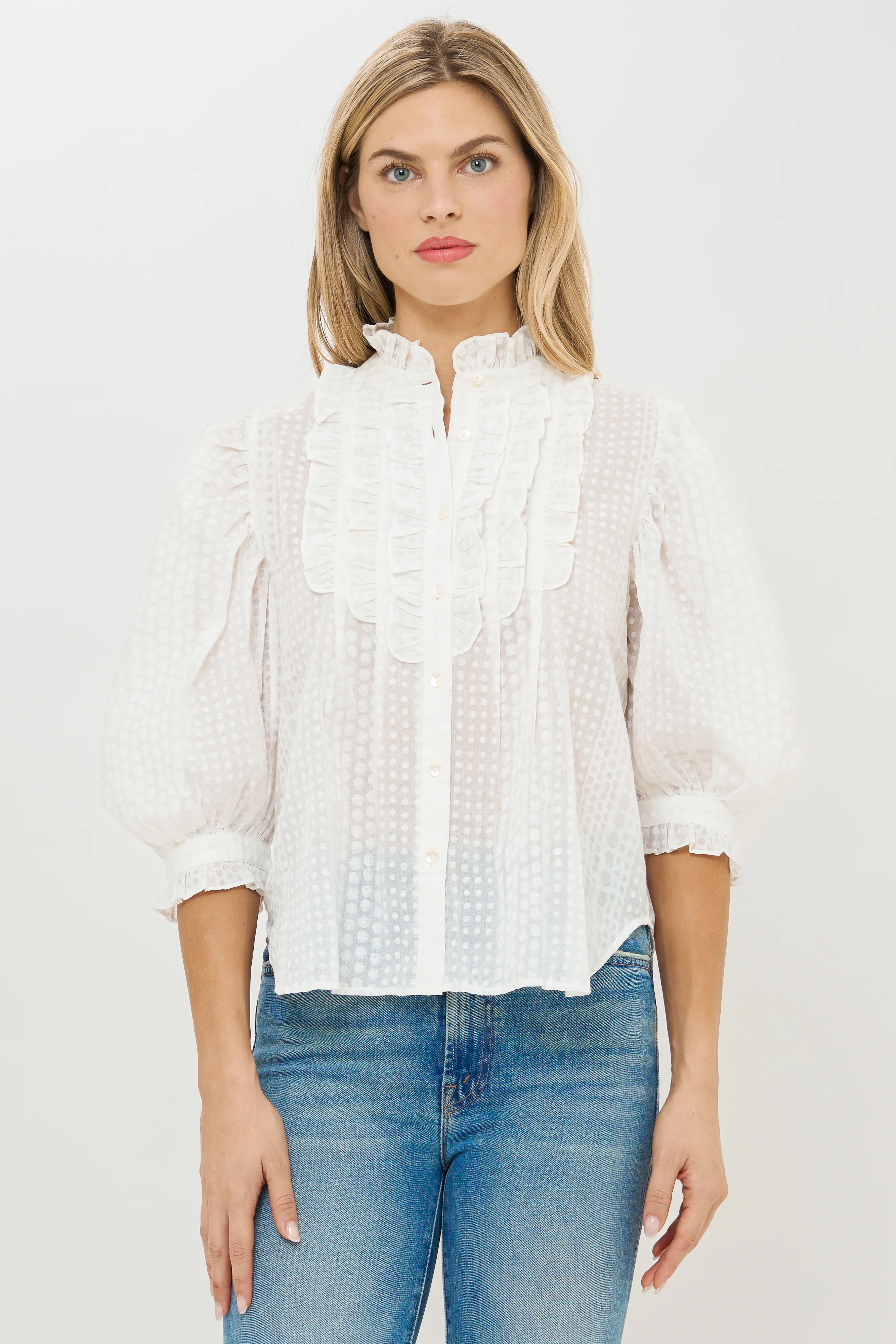 Ruffle Front Button Blouse- Domino White - Image 6