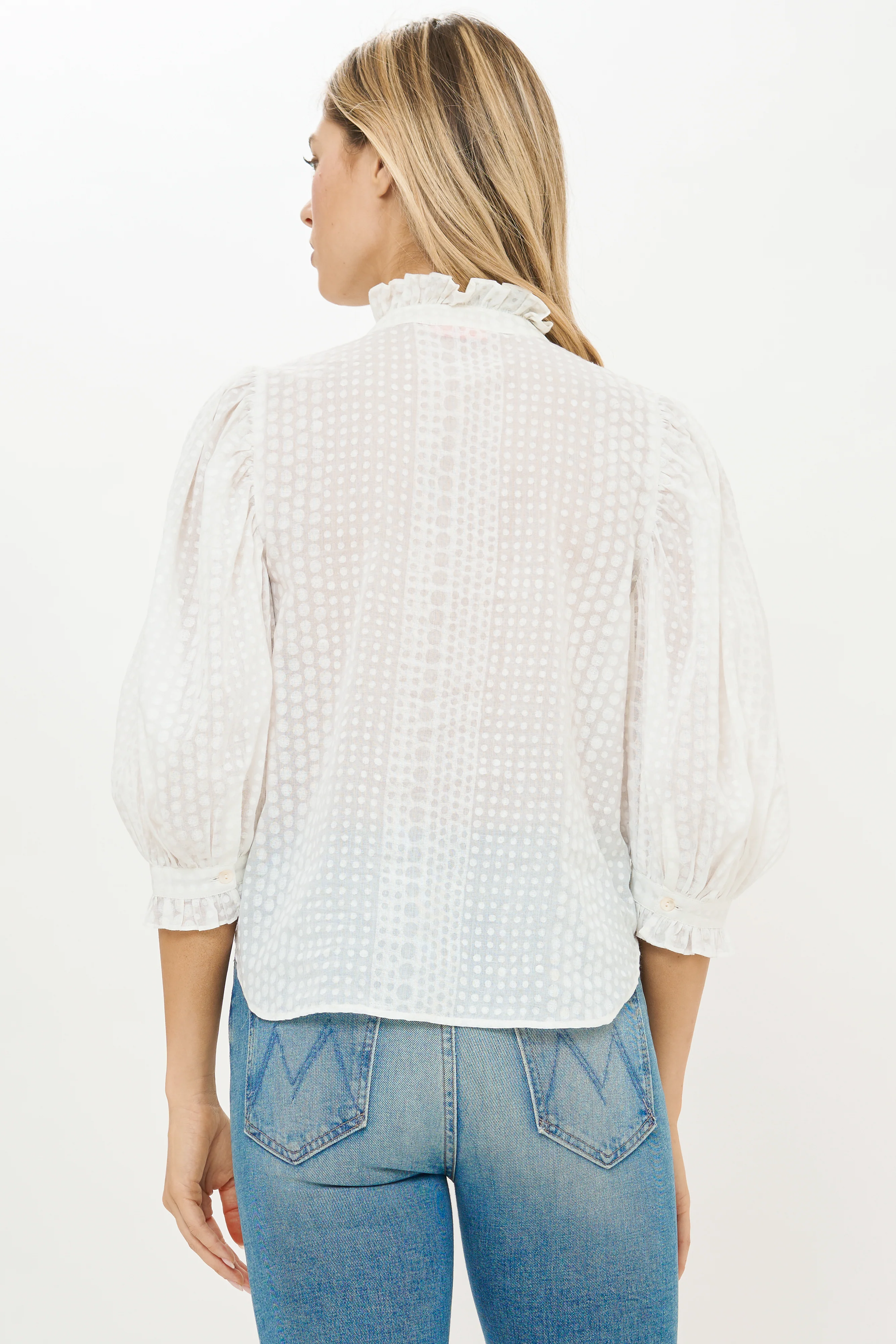 Ruffle Front Button Blouse- Domino White - Image 7