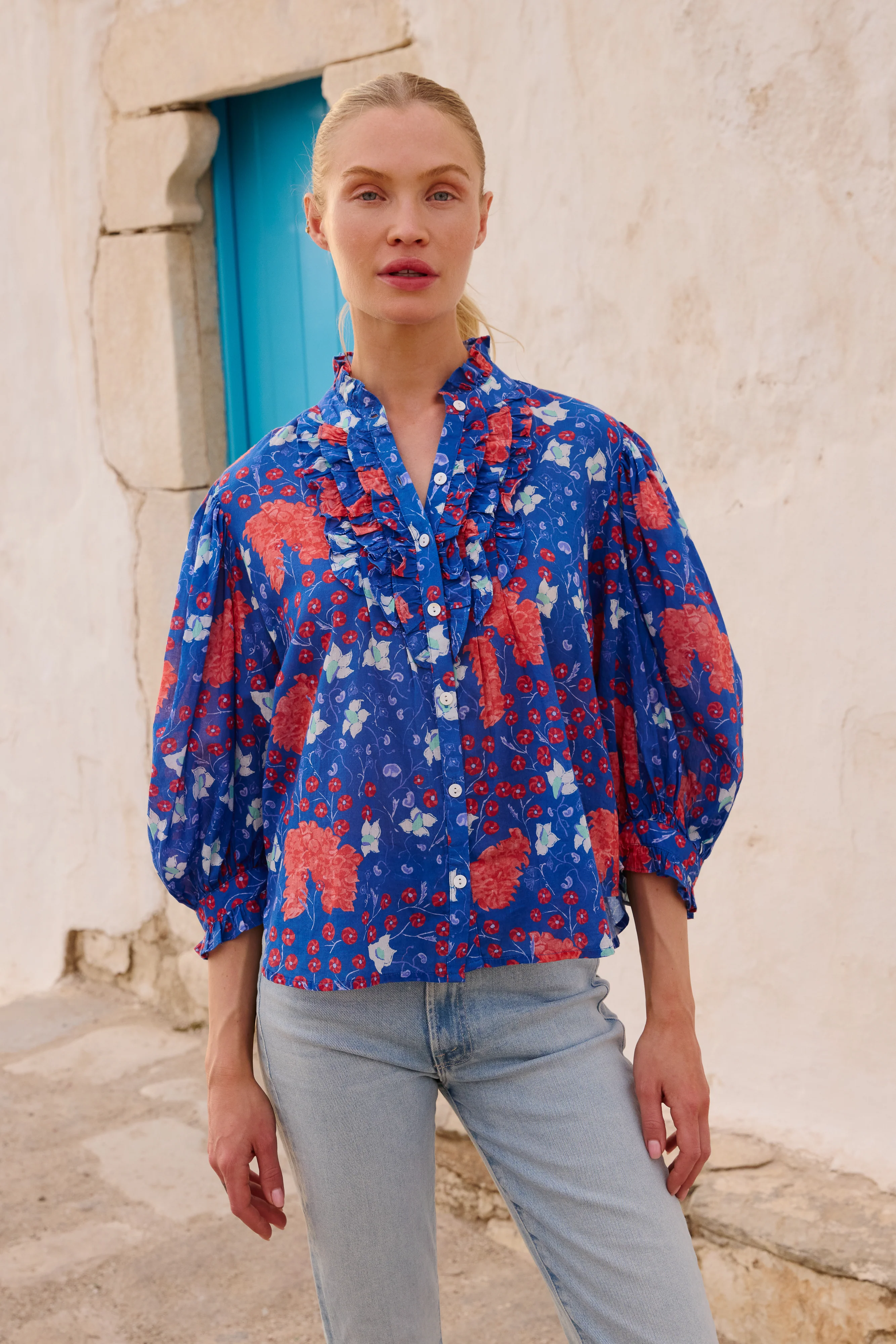 Ruffle Front Button Blouse- Fleur Blue - Image 3