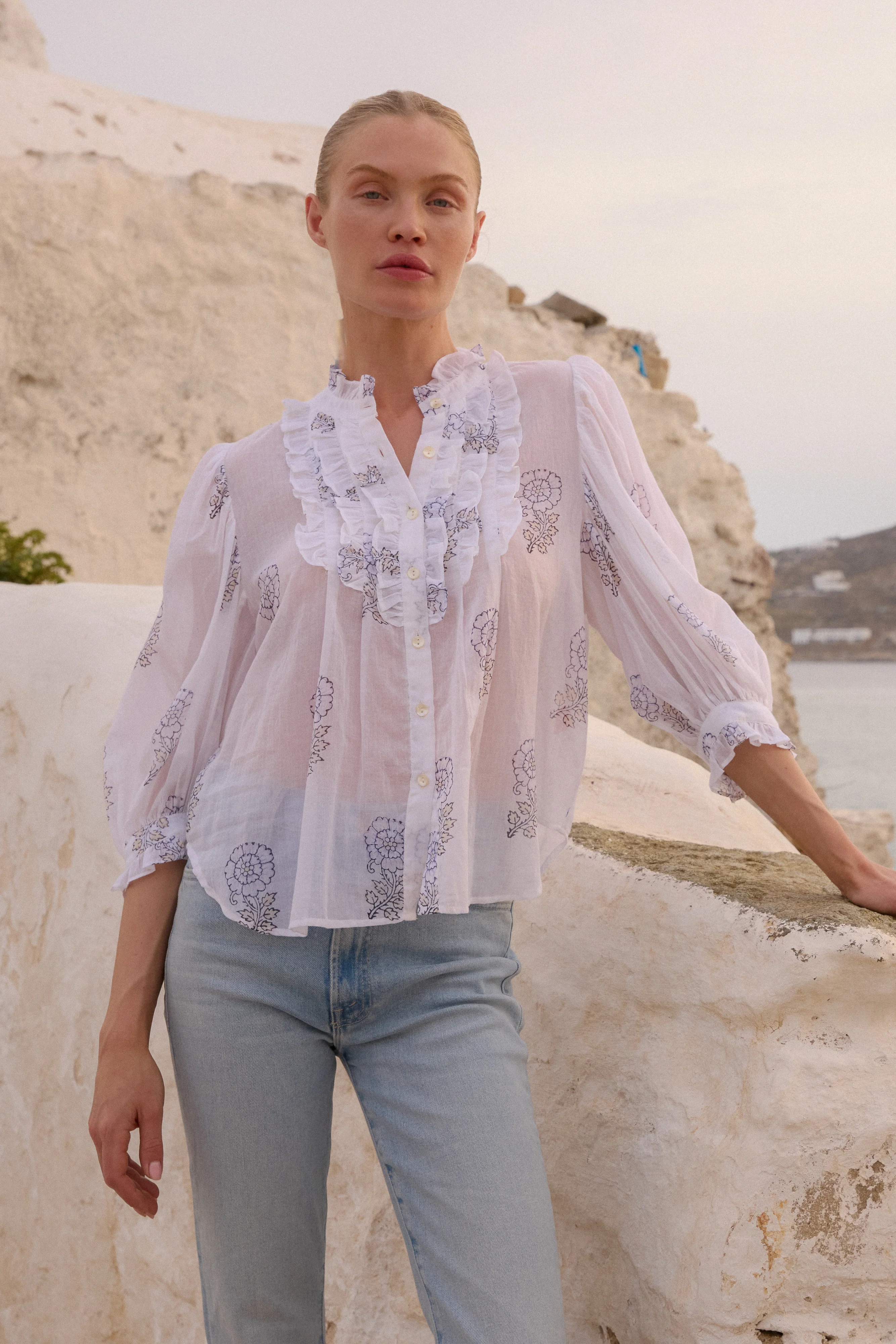 Ruffle Front Button Blouse- Leela Sky - Image 4