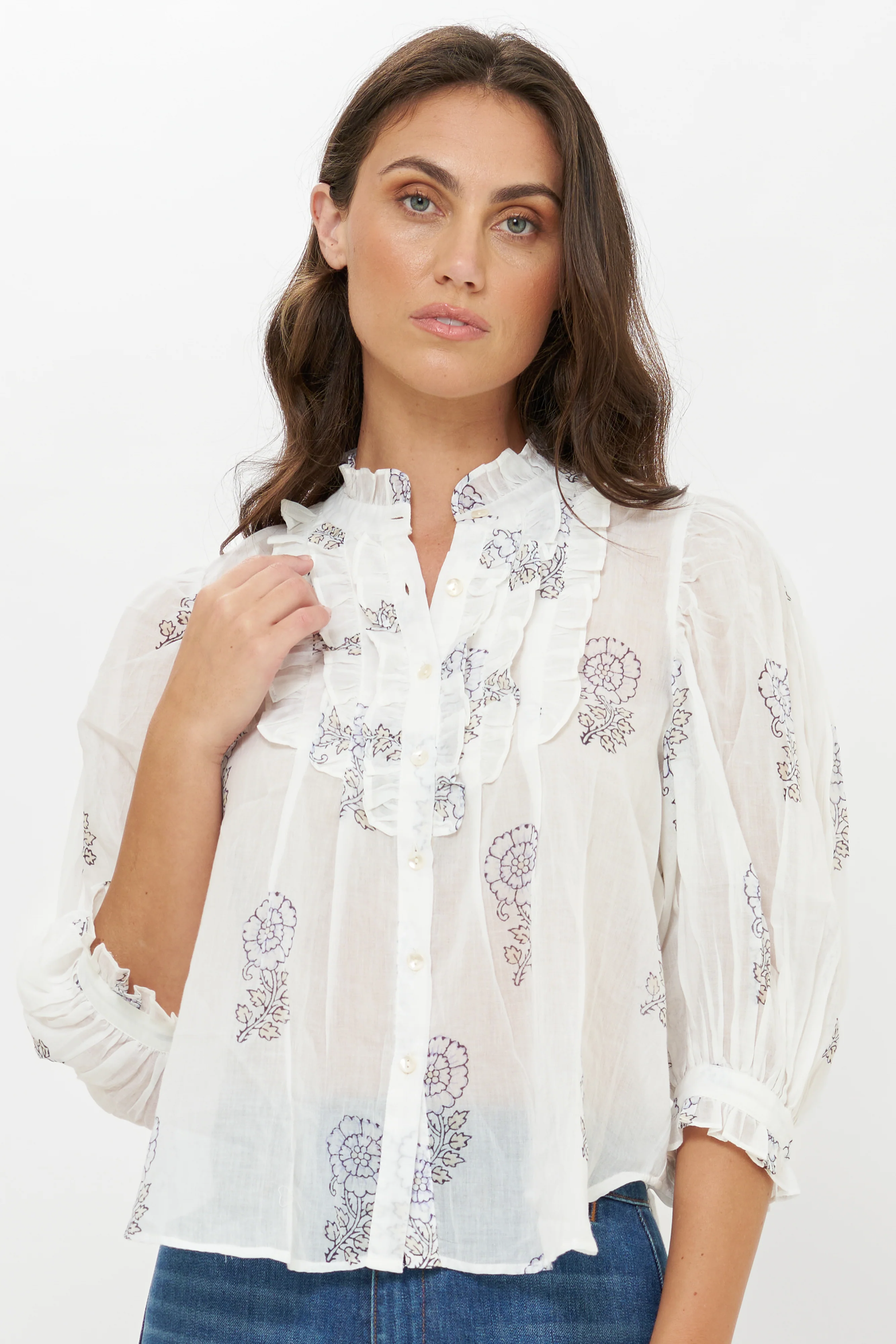 Ruffle Front Button Blouse- Leela Sky - Image 6