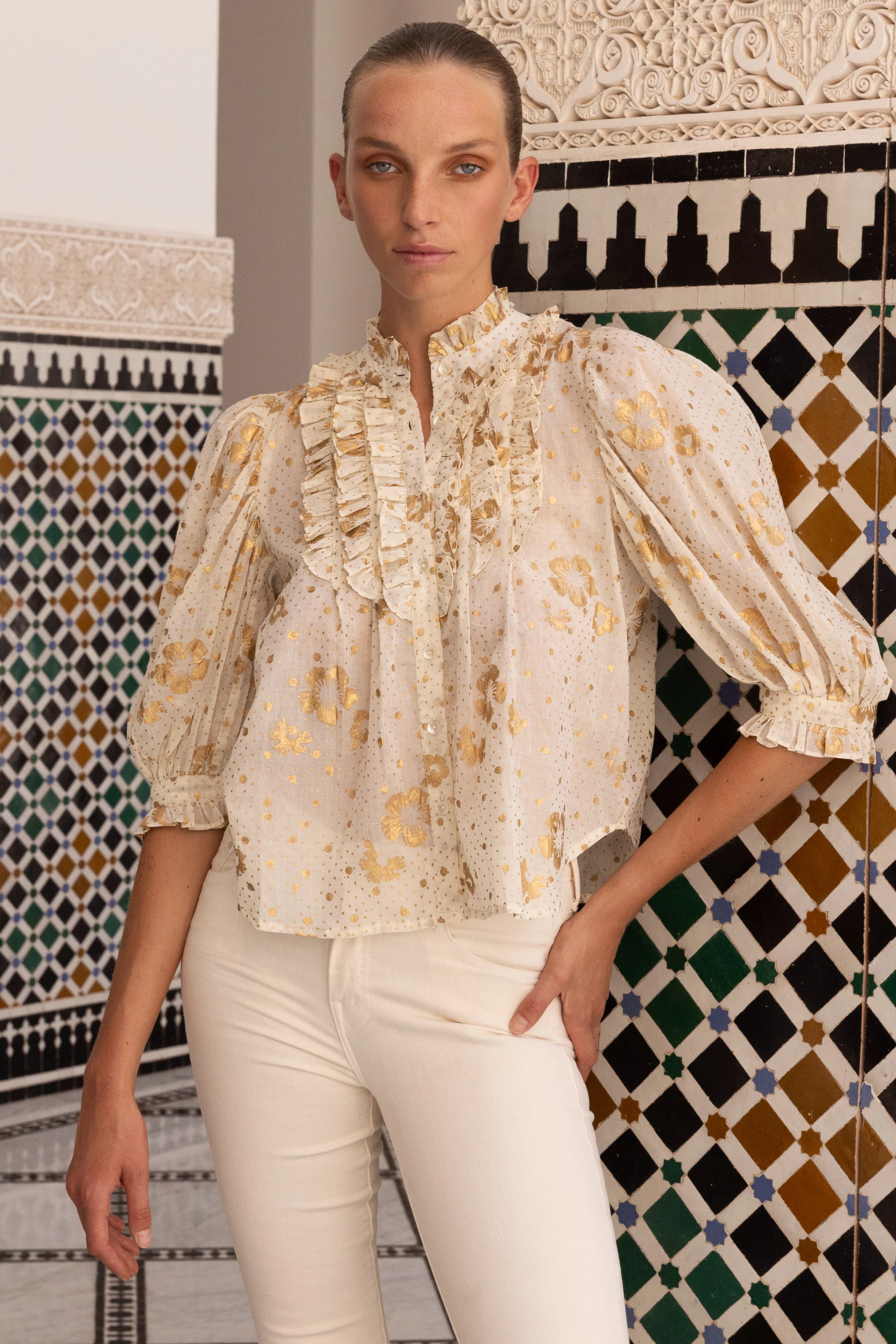 Ruffle Front Button Blouse- Carlin Cream Gold - Image 2