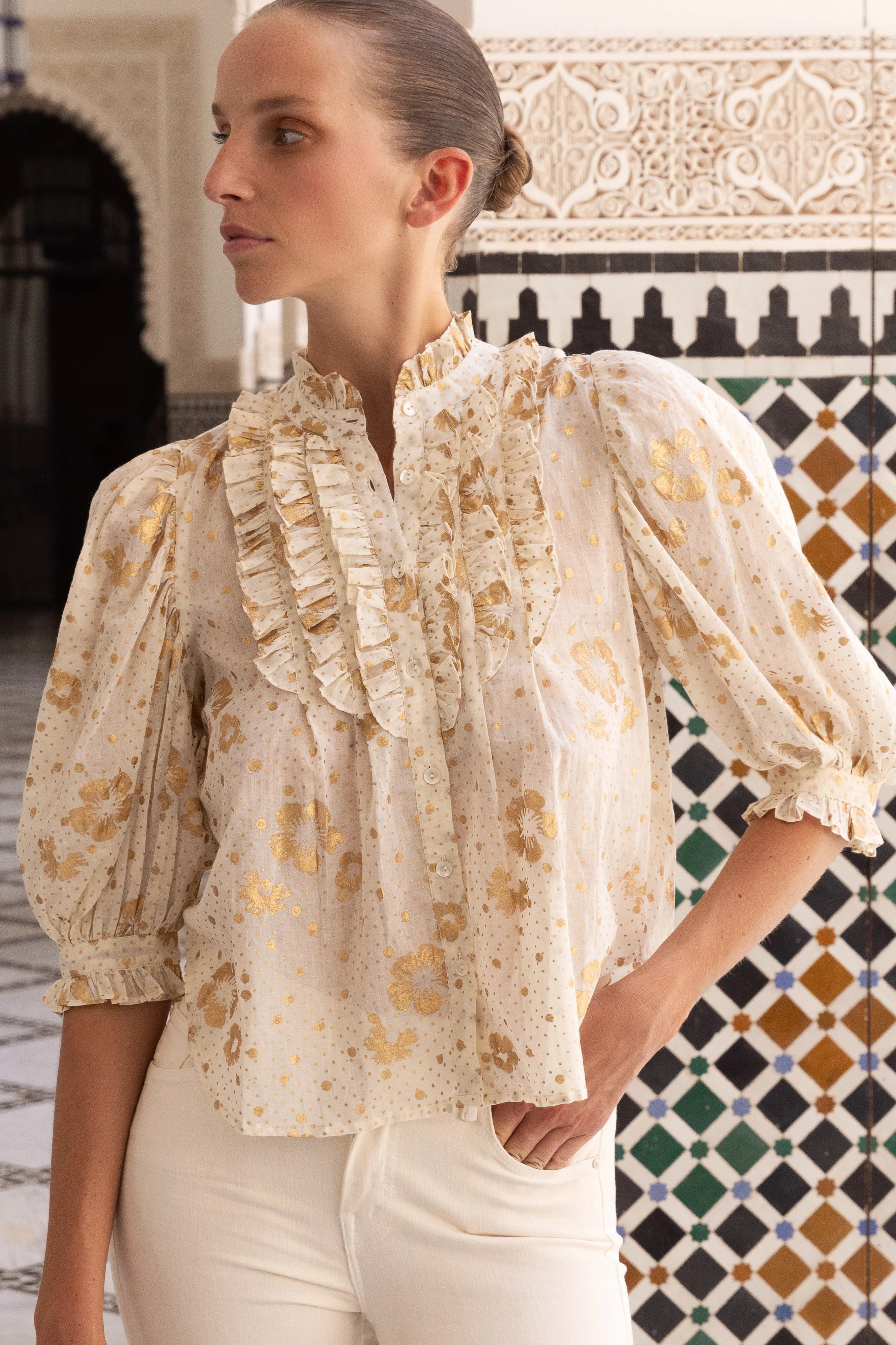 Ruffle Front Button Blouse- Carlin Cream Gold - Image 3