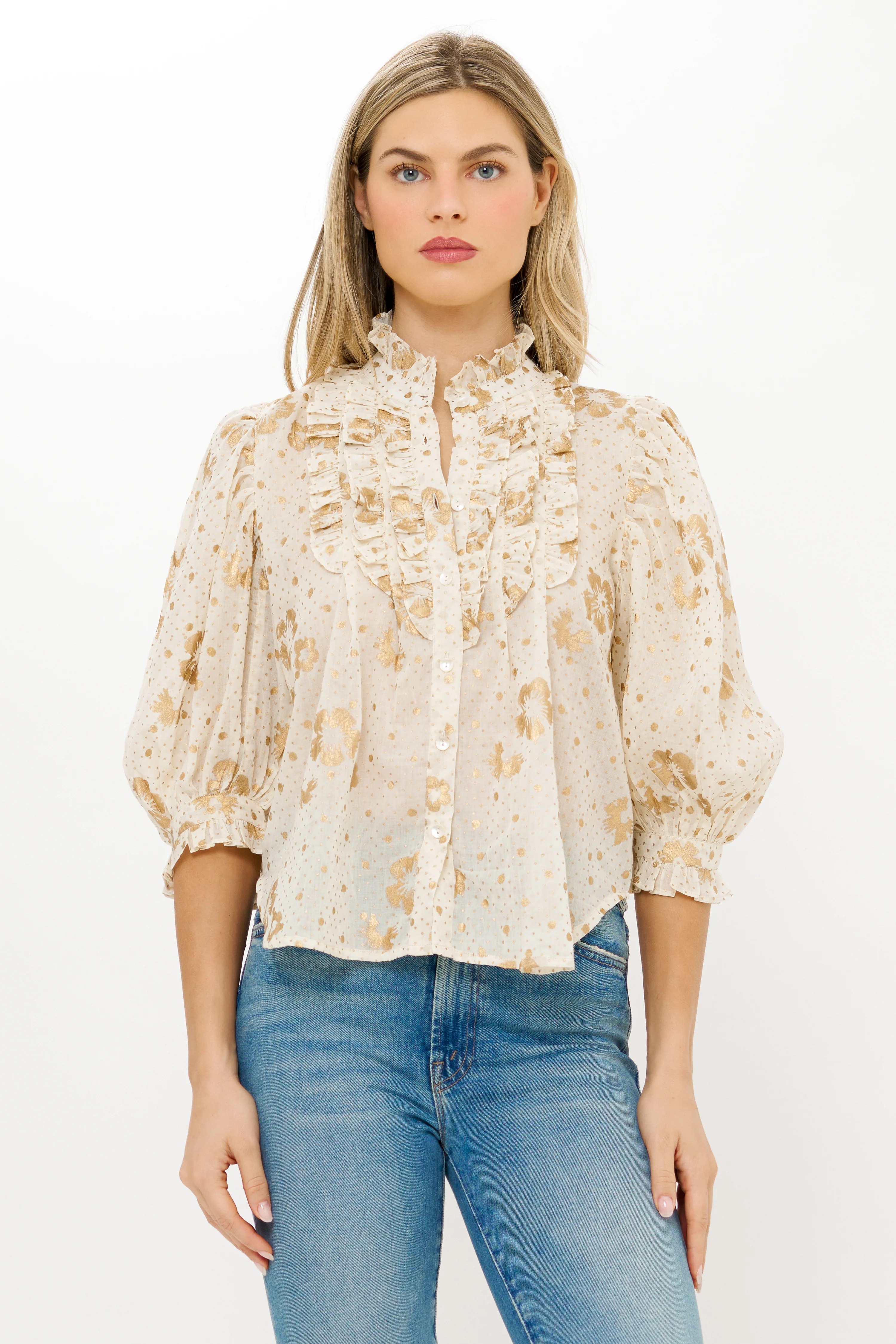 Ruffle Front Button Blouse- Carlin Cream Gold - Image 4