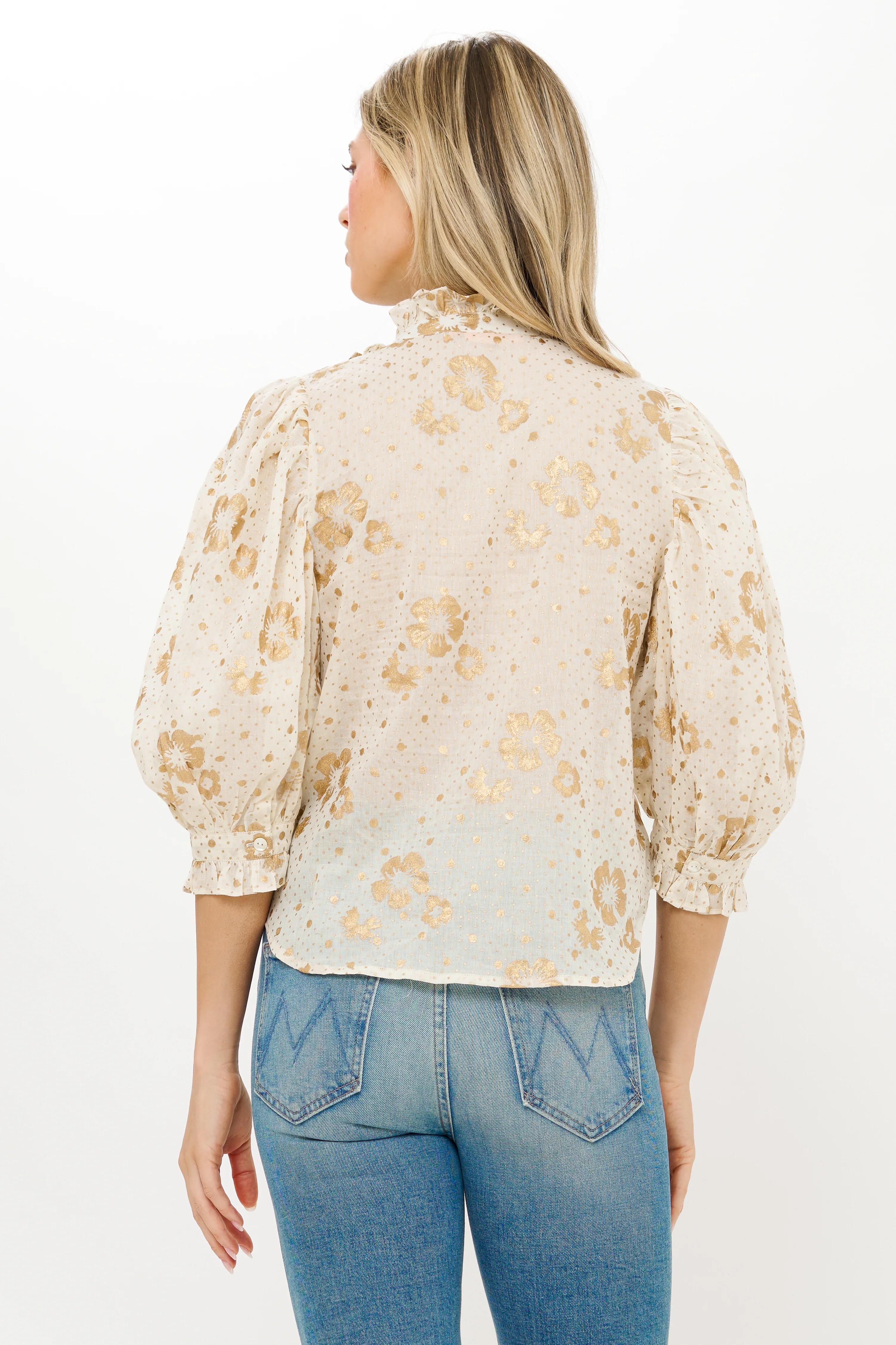 Ruffle Front Button Blouse- Carlin Cream Gold - Image 5