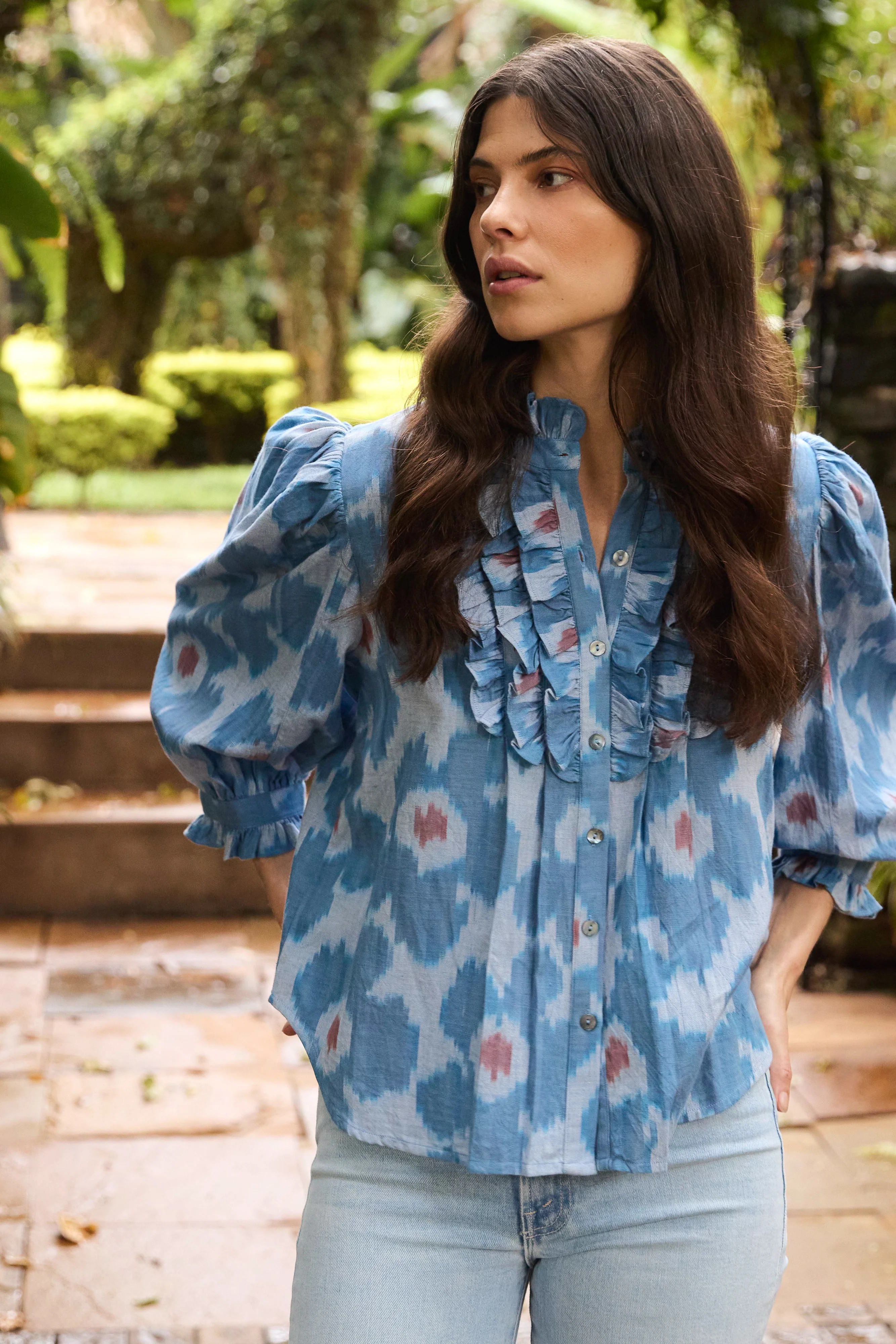 Ruffle Front Button Blouse- Jinja Blue - Image 3