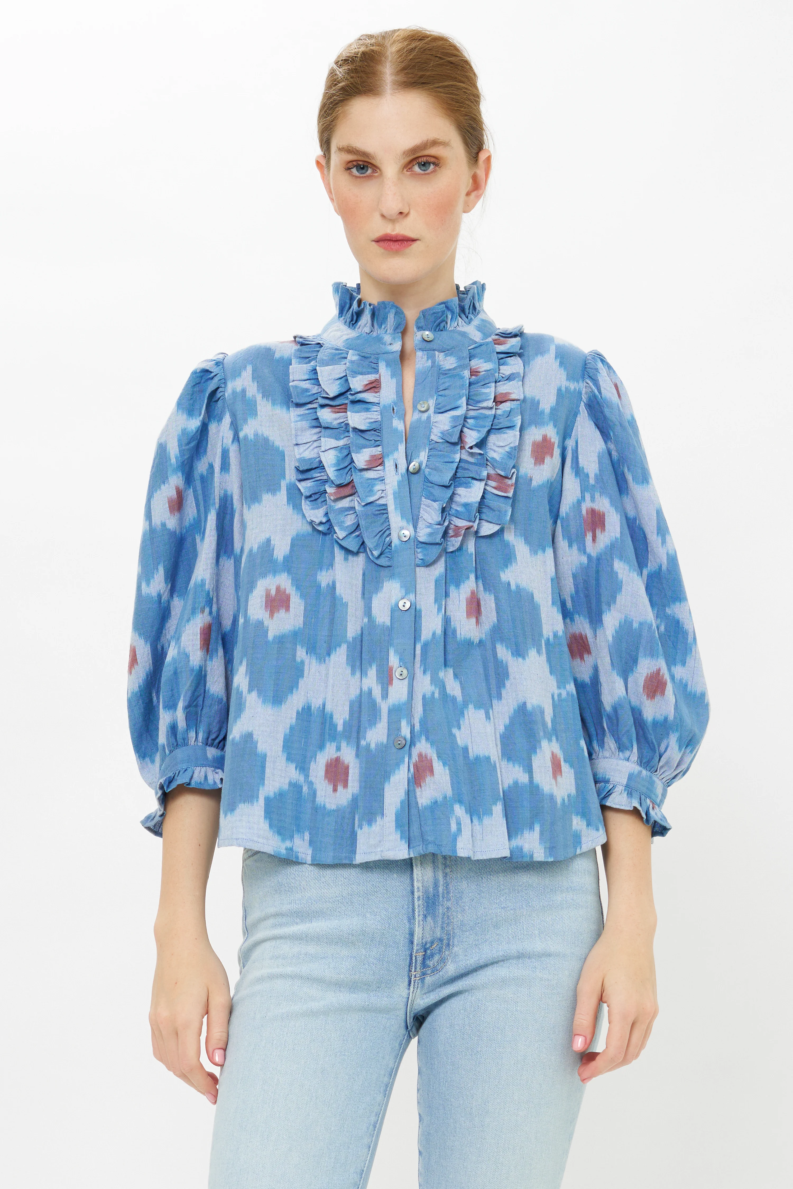 Ruffle Front Button Blouse- Jinja Blue - Image 4