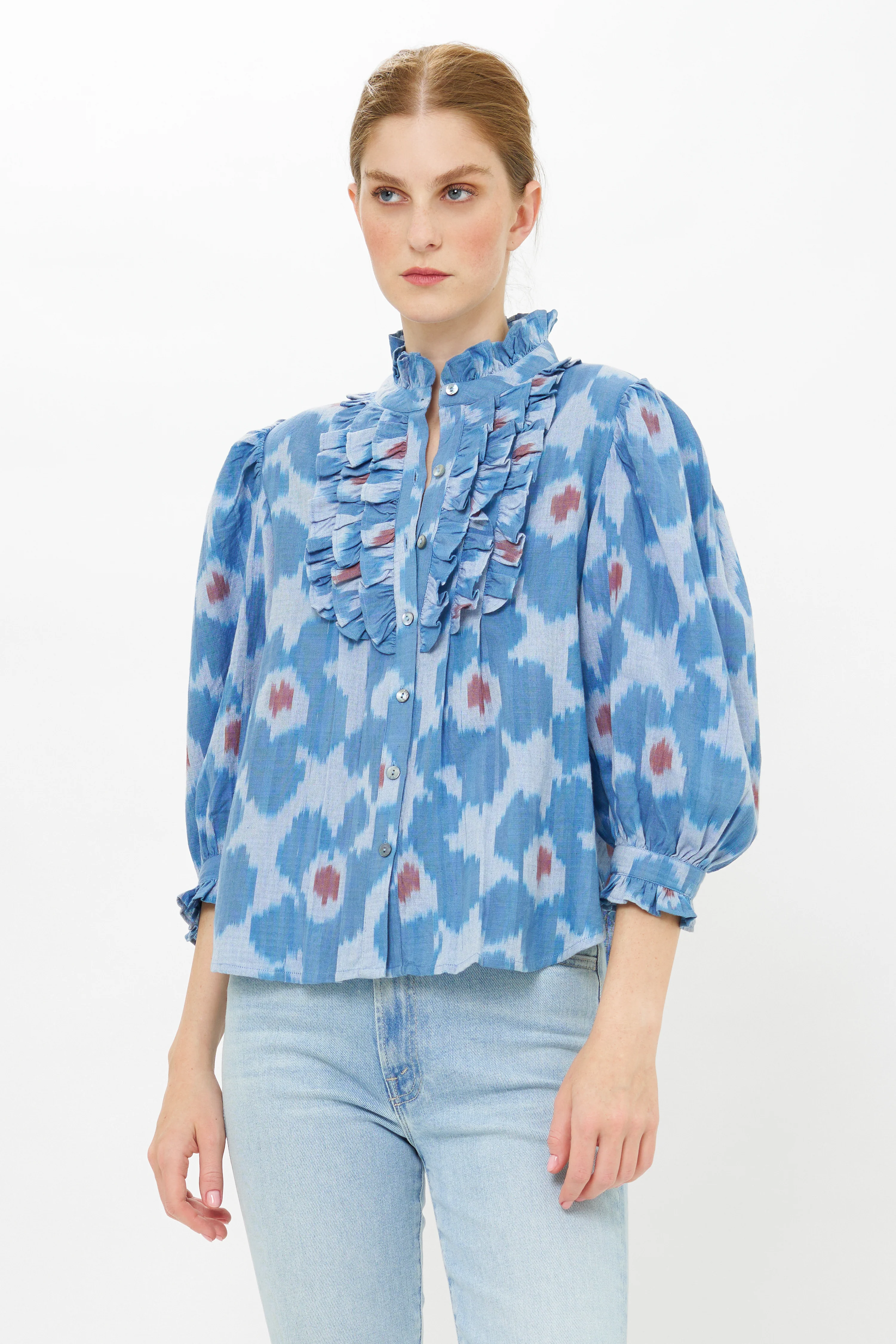Ruffle Front Button Blouse- Jinja Blue - Image 5