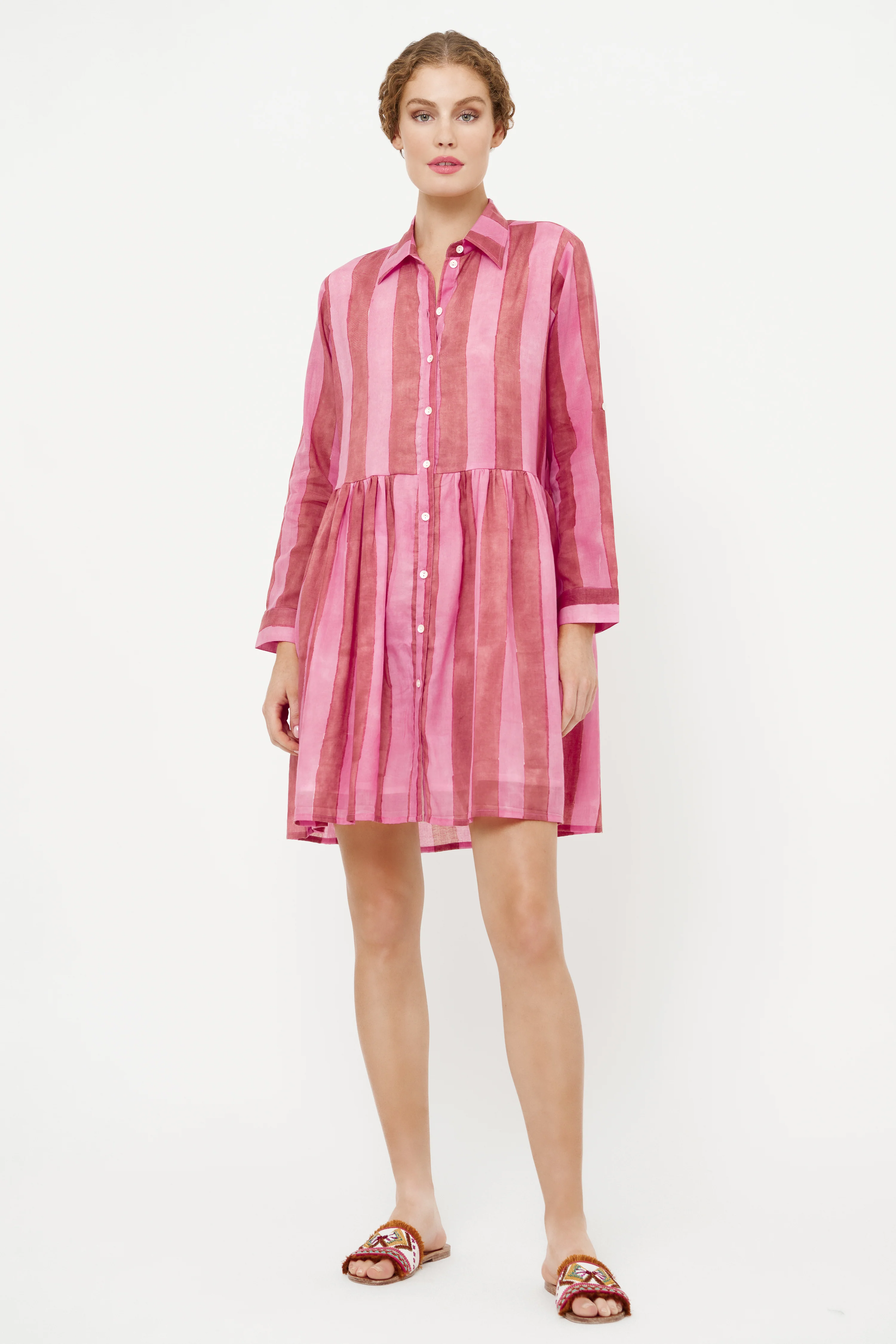 Long Sleeve Shirt Dress Mini- Cabana Rhubarb - Image 5