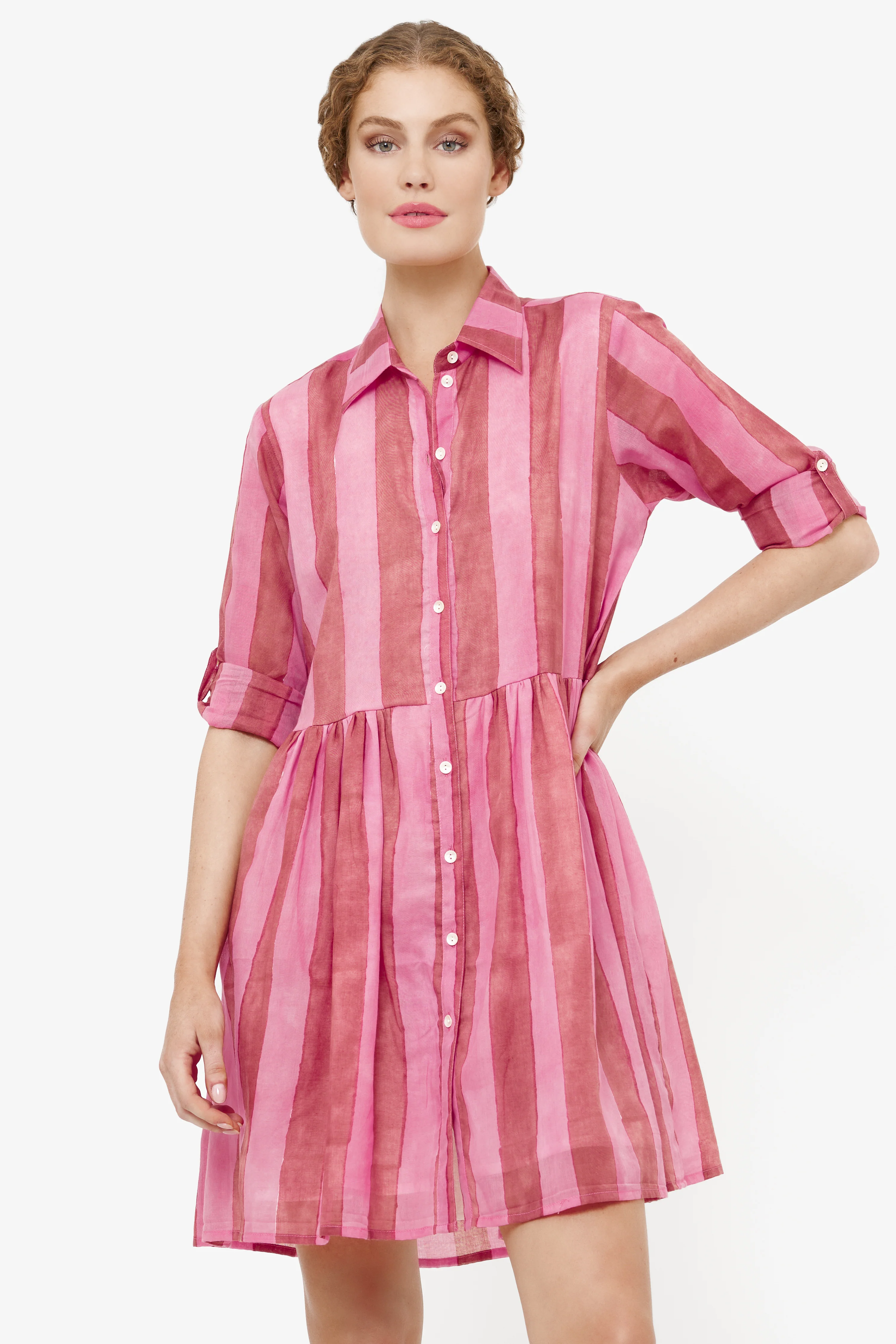 Long Sleeve Shirt Dress Mini- Cabana Rhubarb - Image 6