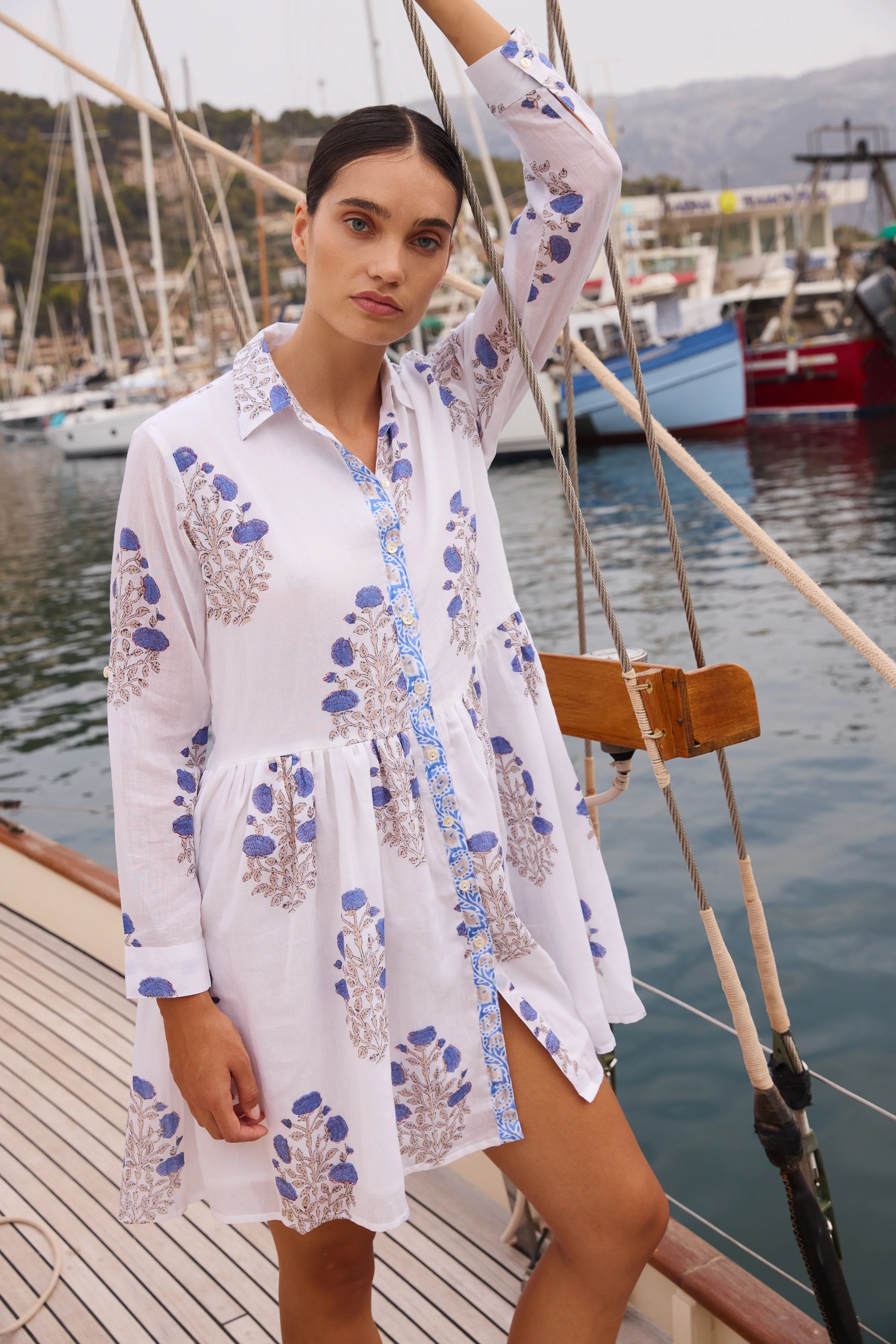 Long Sleeve Shirt Dress Mini- Laguna Blue - Image 3