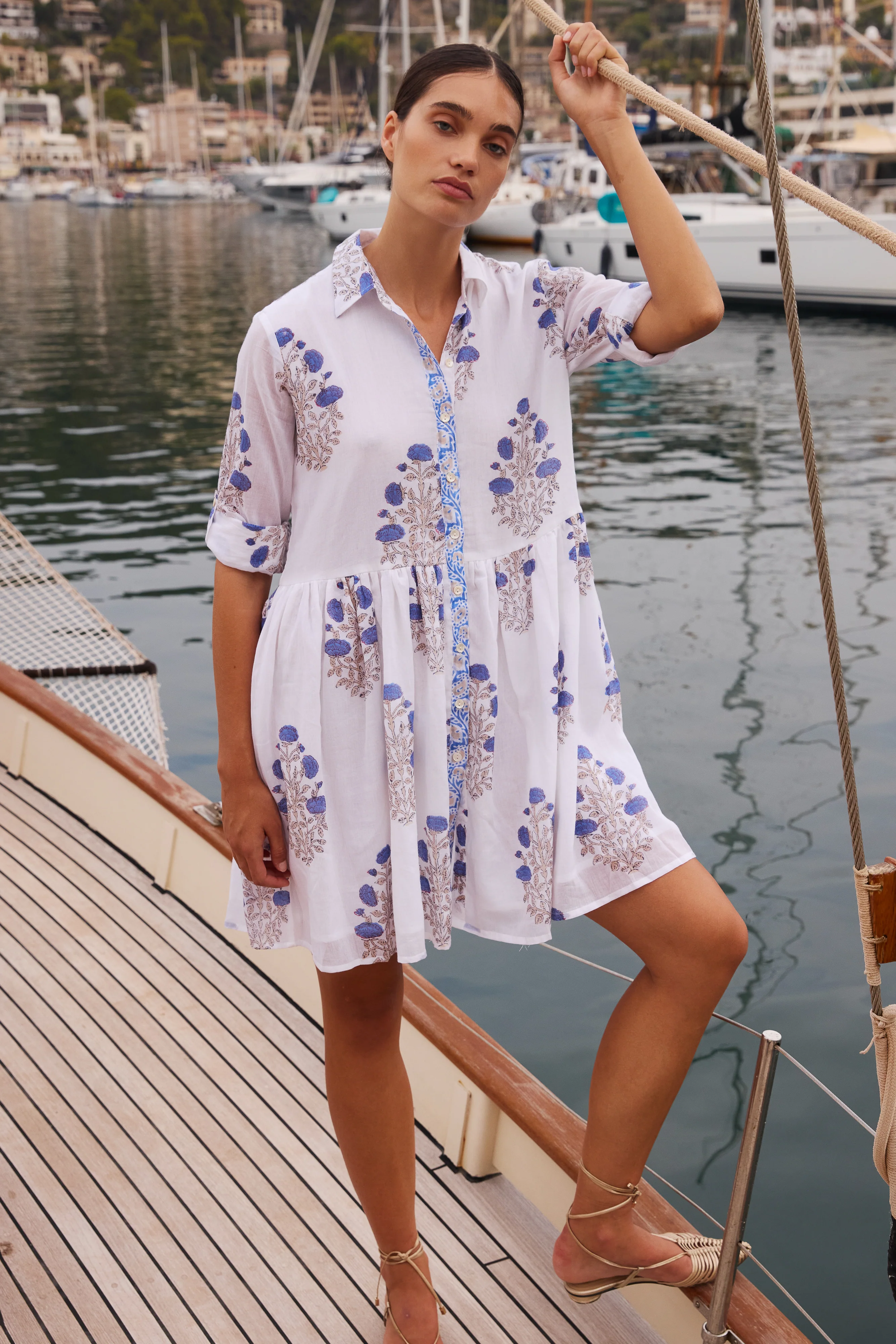 Long Sleeve Shirt Dress Mini- Laguna Blue - Image 4