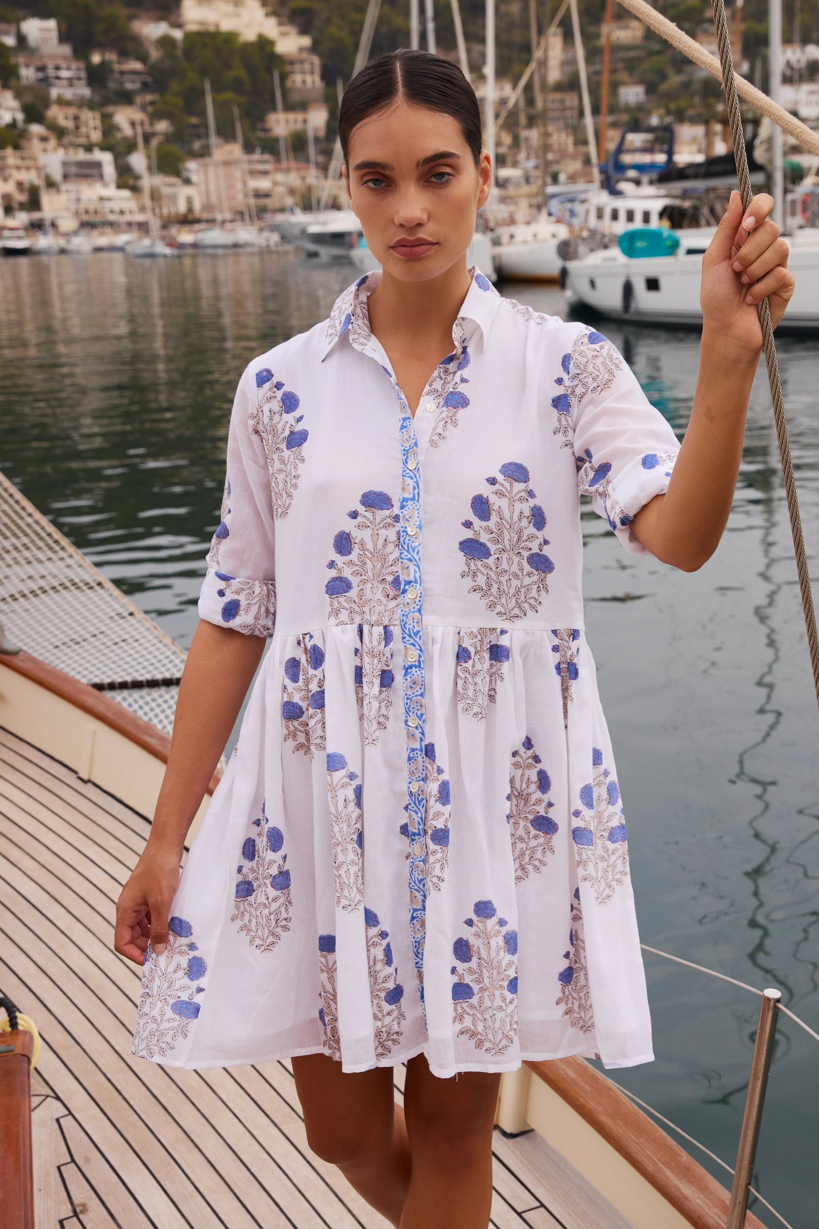 Long Sleeve Shirt Dress Mini- Laguna Blue - Image 5