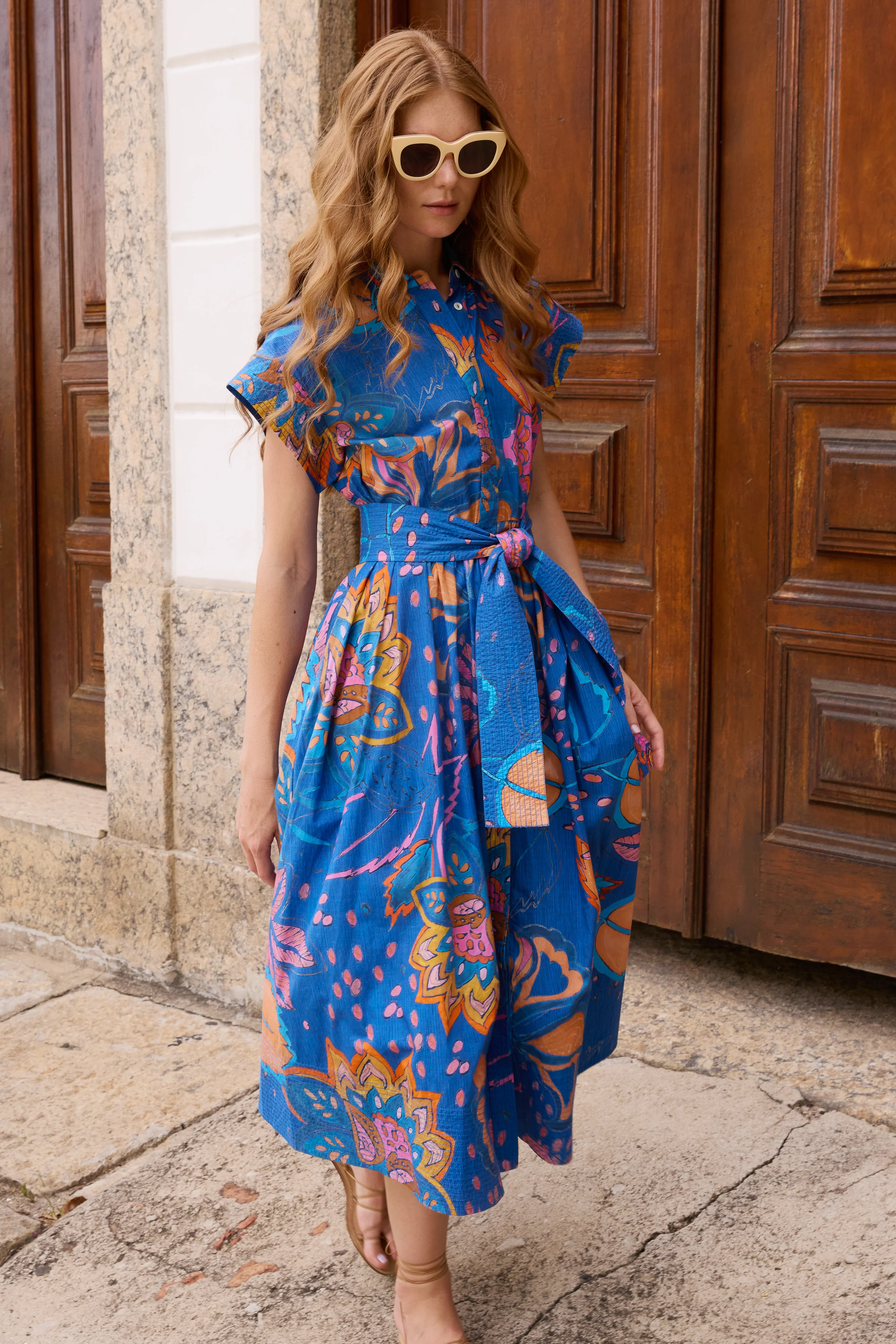 Belted Shirt Dress- Antico Blue - Image 4