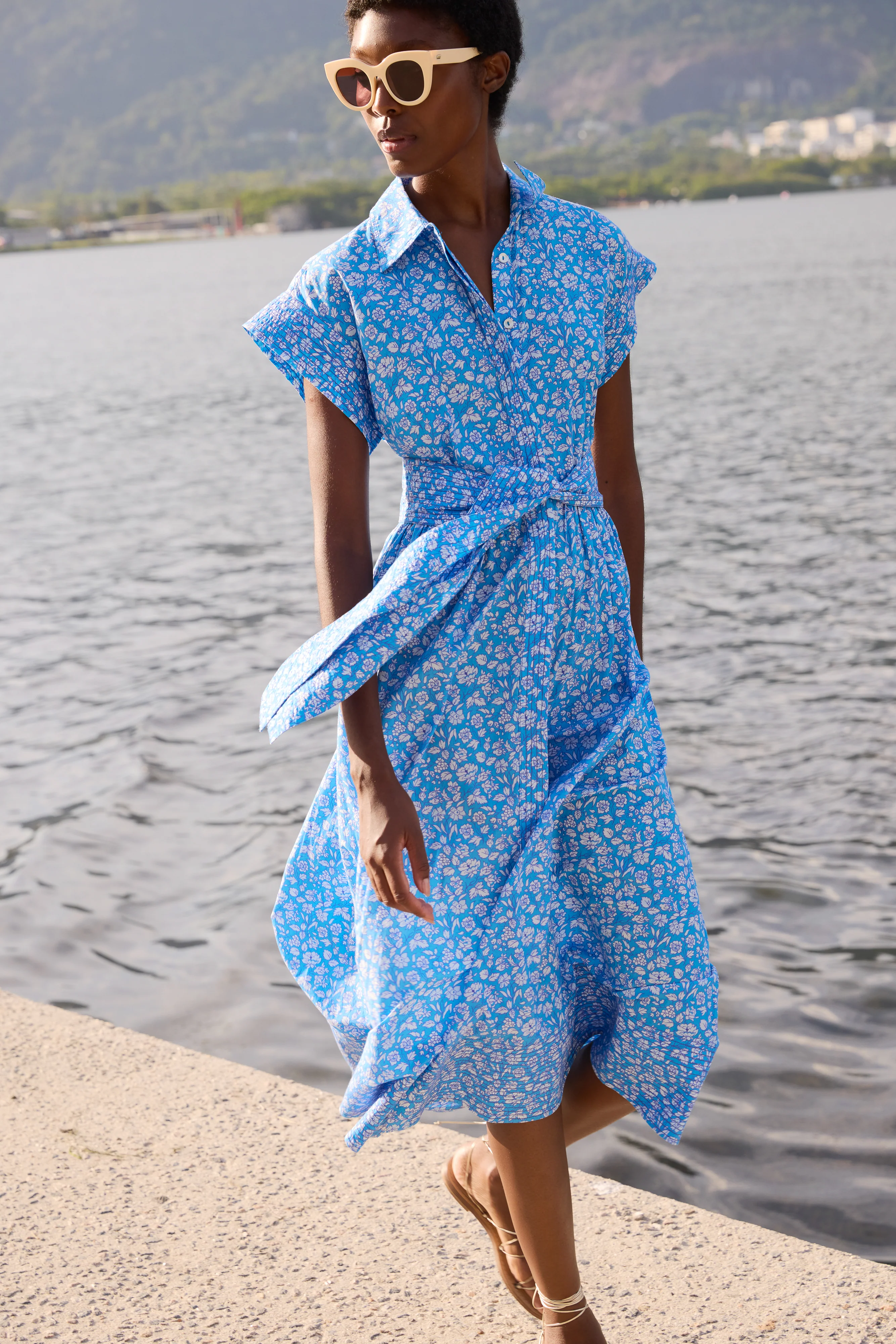 Belted Shirt Dress- Ditsy Blue - Image 3