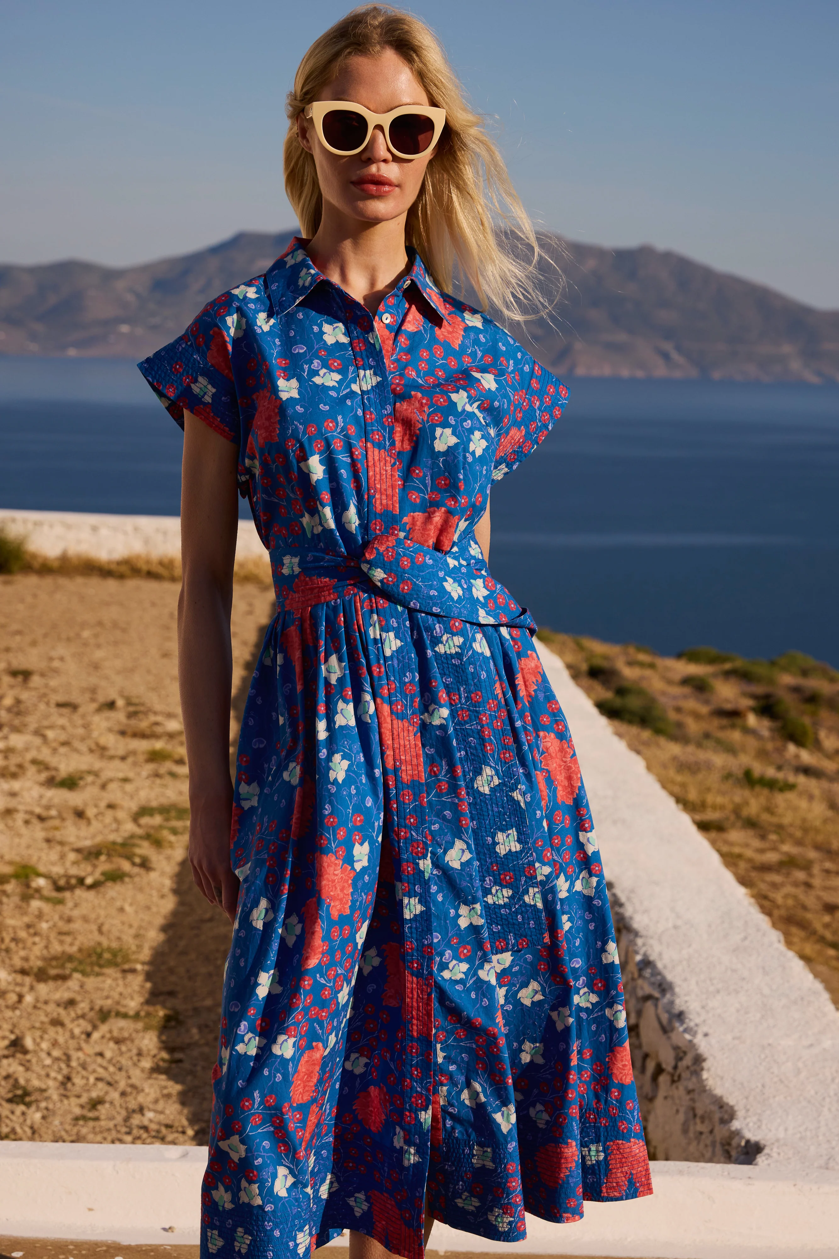 Belted Shirt Dress- Fleur Blue - Image 4