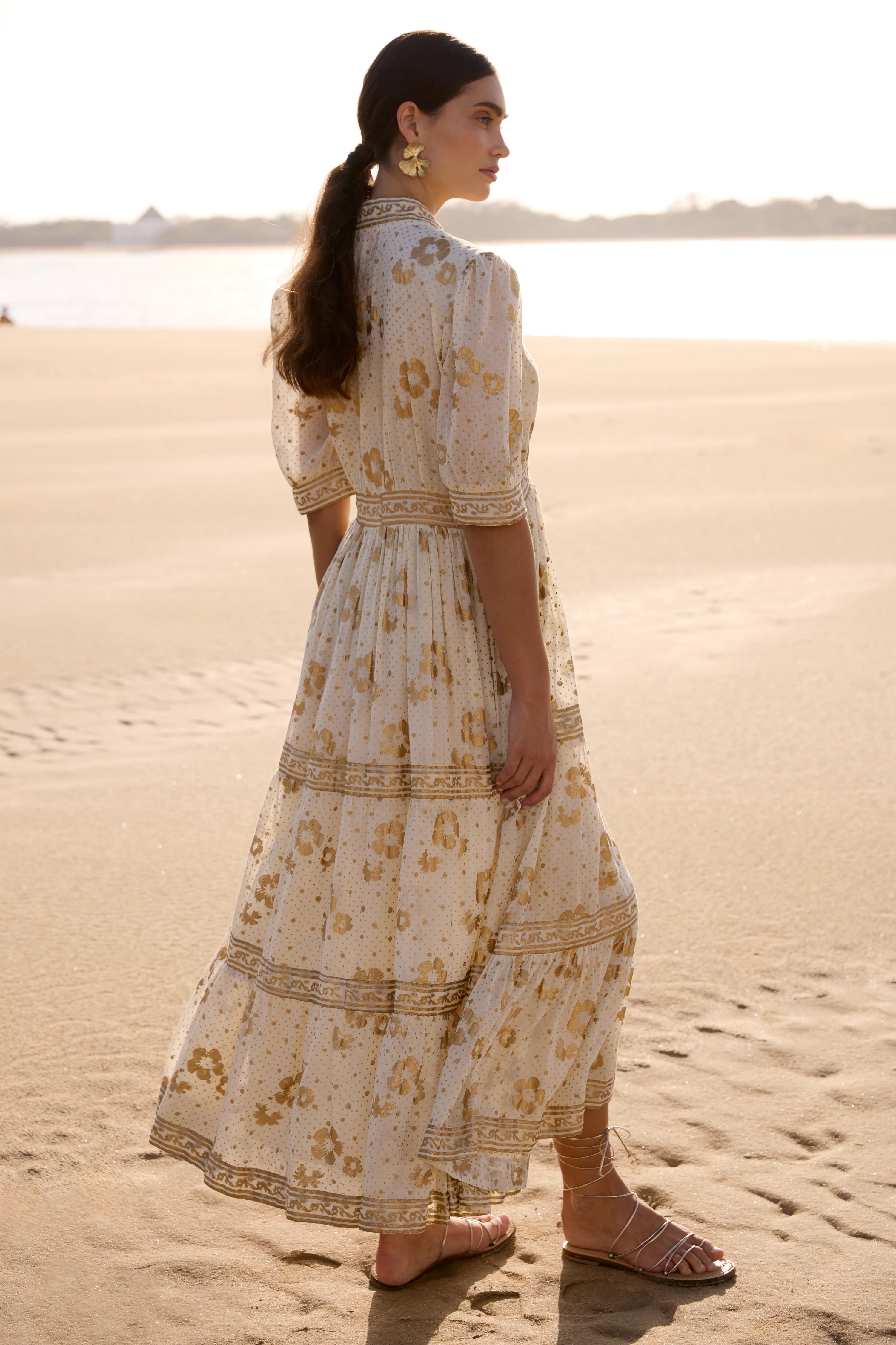 V-Neck Cuffed Maxi- Carlin Cream Gold - Image 3