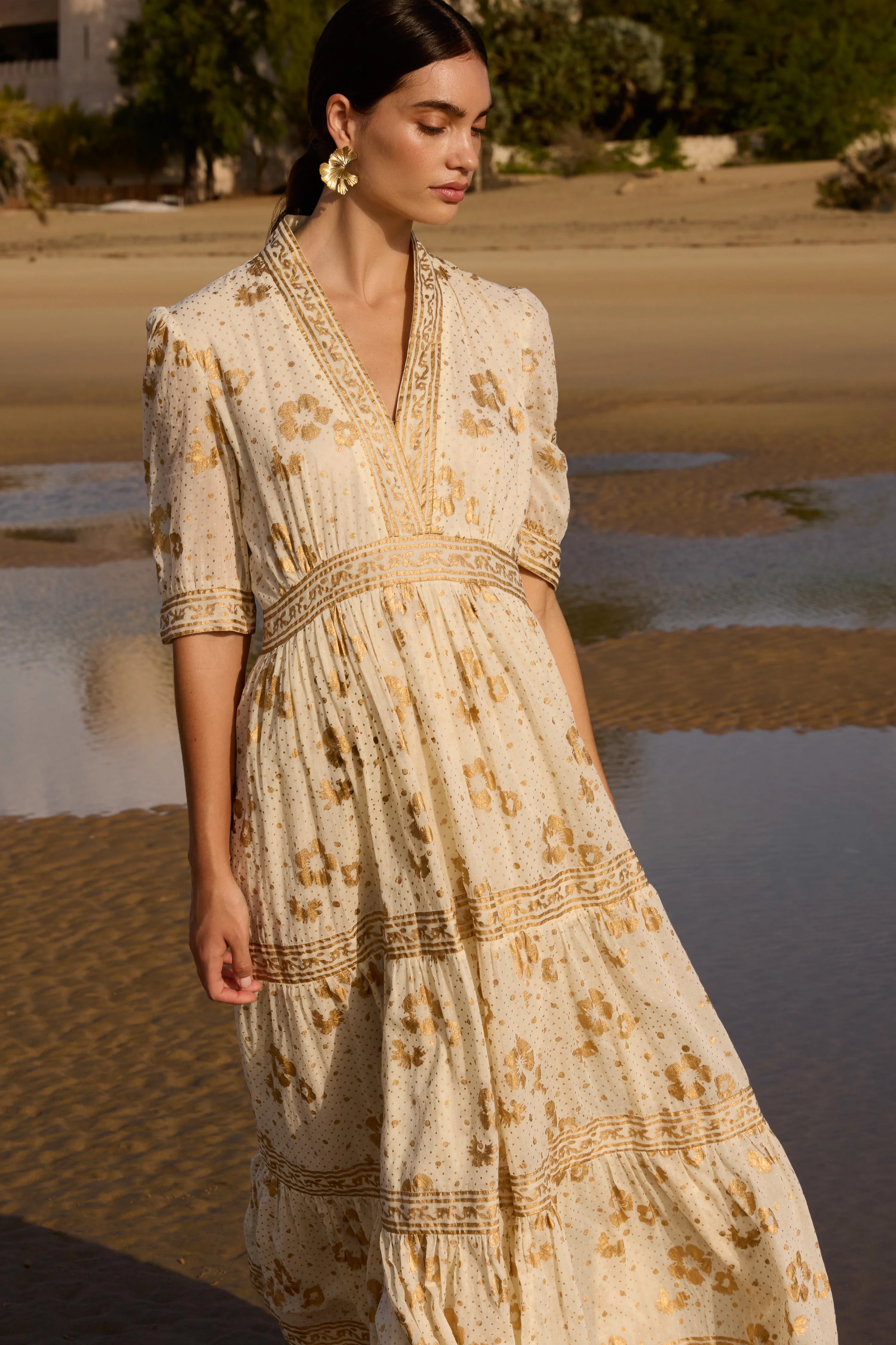 V-Neck Cuffed Maxi- Carlin Cream Gold - Image 5