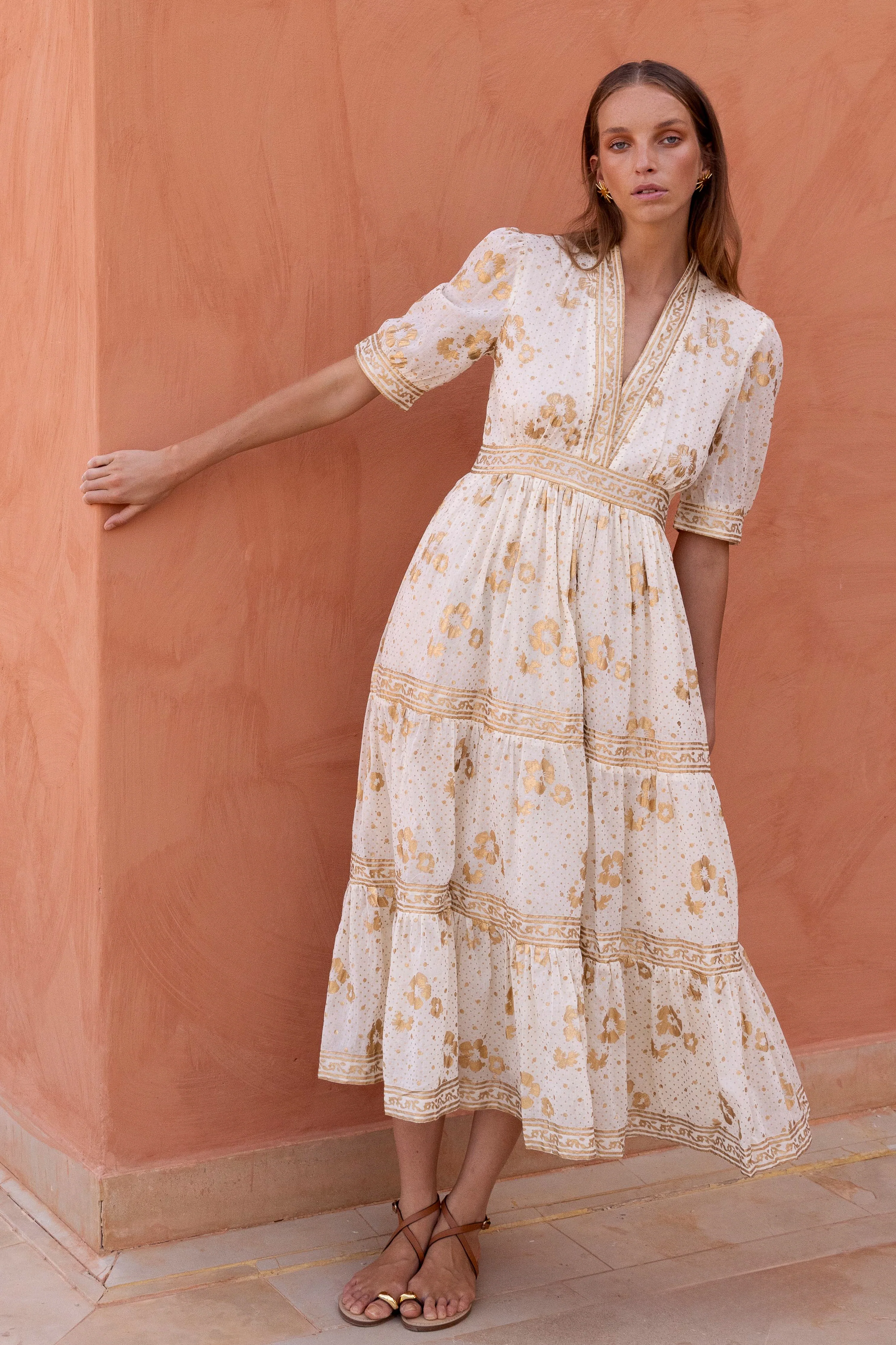 V-Neck Cuffed Maxi- Carlin Cream Gold - Image 8