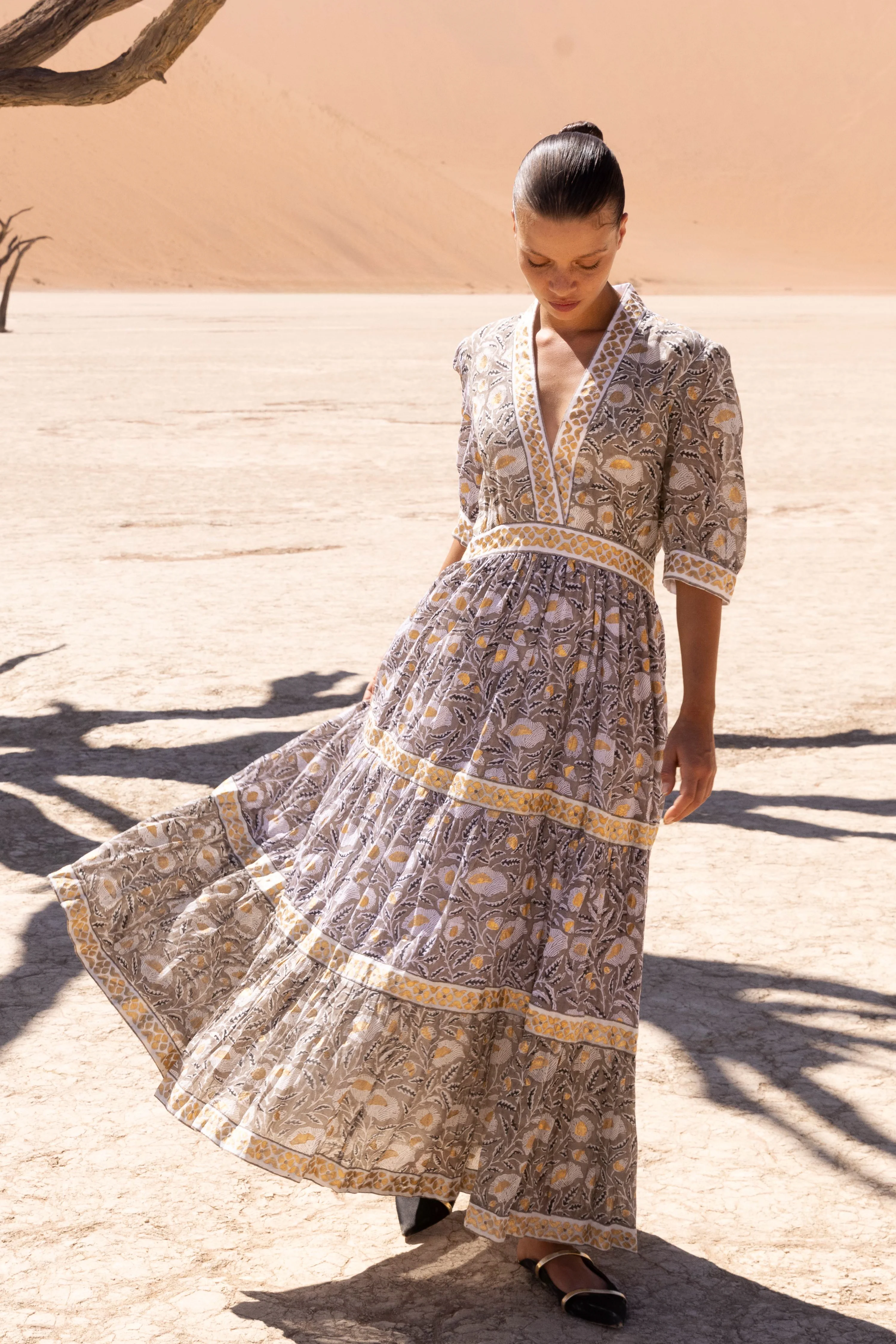 V-Neck Cuffed Maxi- Birch Taupe - Image 3