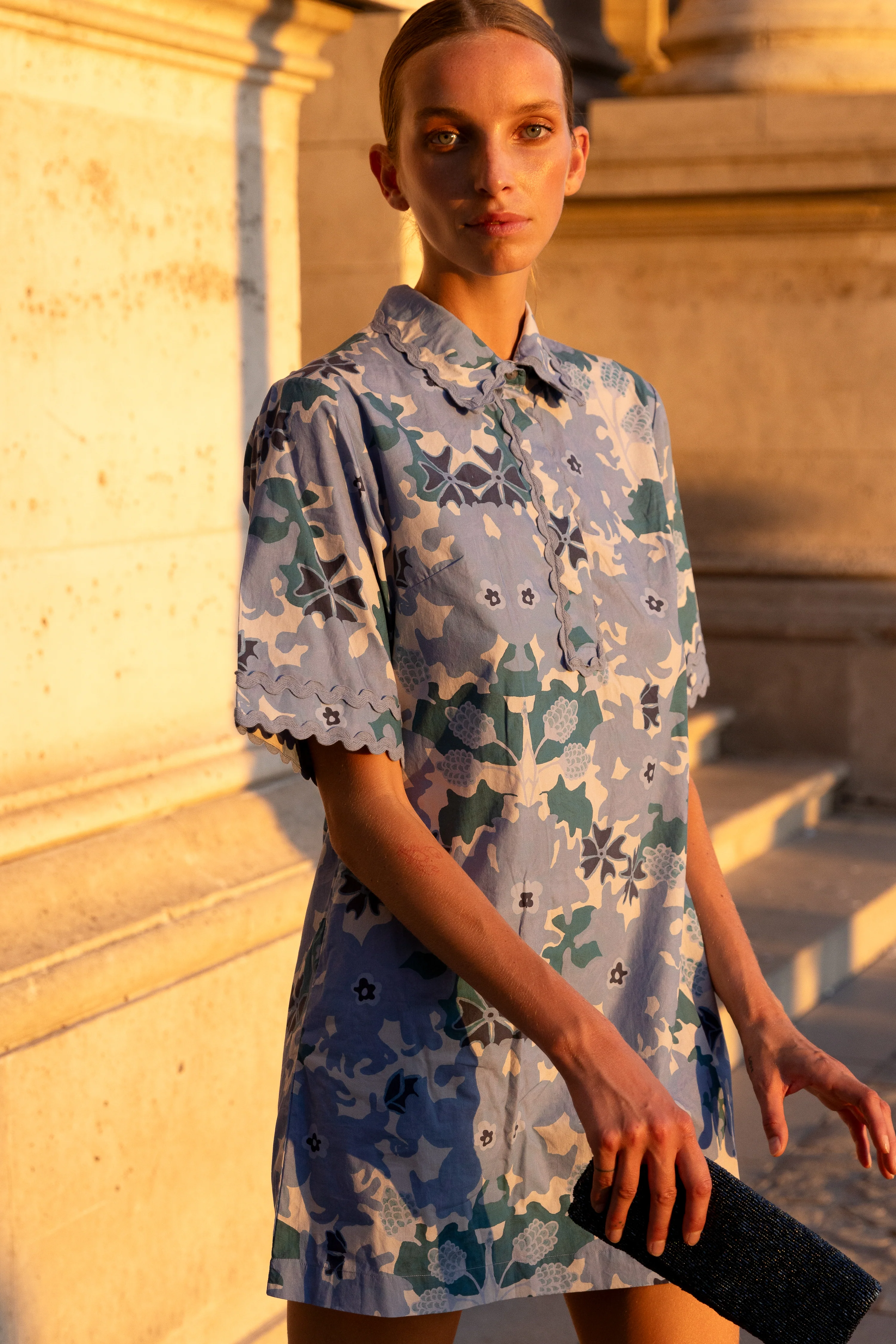 Collared Shirt Dress Mini- Suzani Blue - Image 2