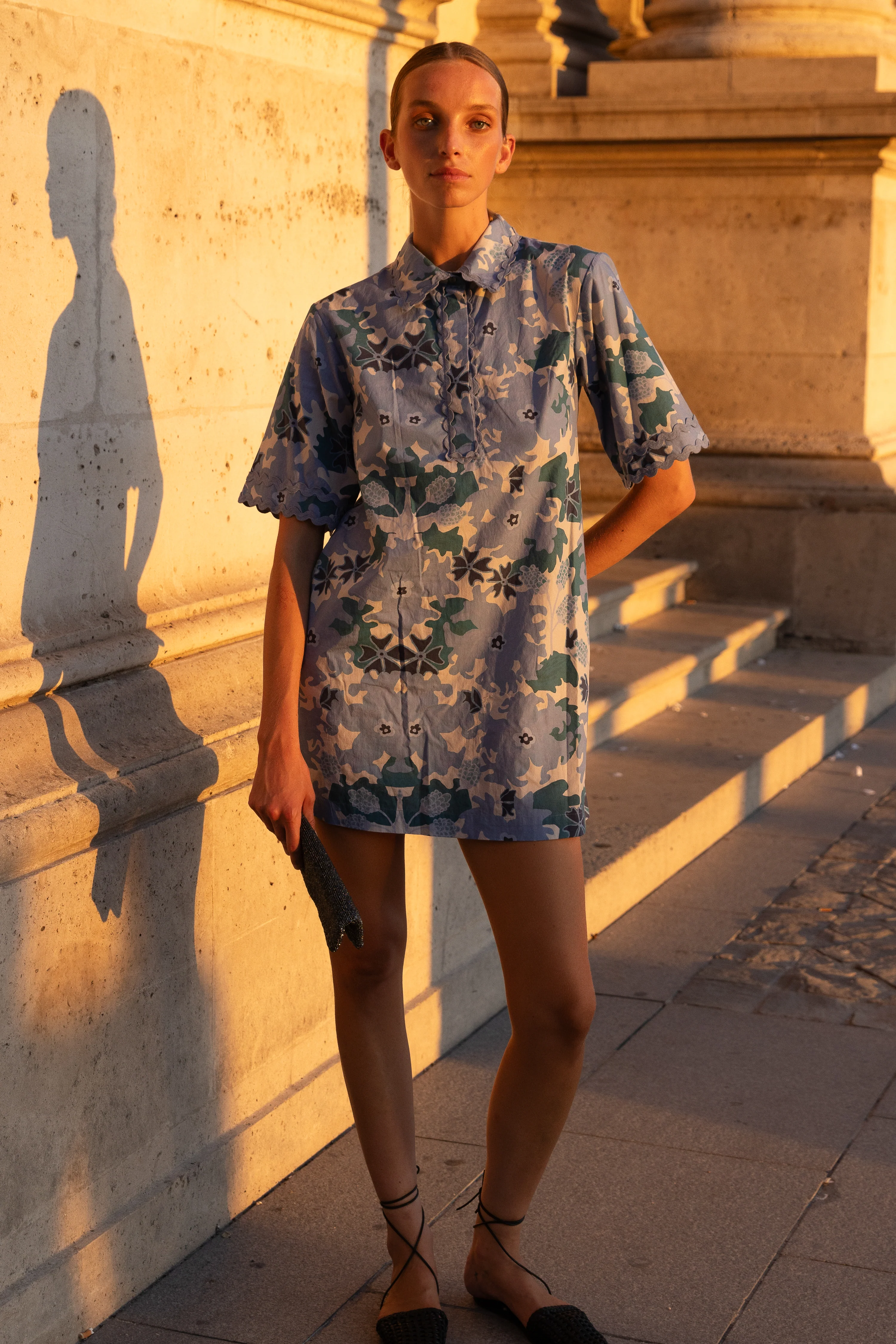 Collared Shirt Dress Mini- Suzani Blue - Image 3
