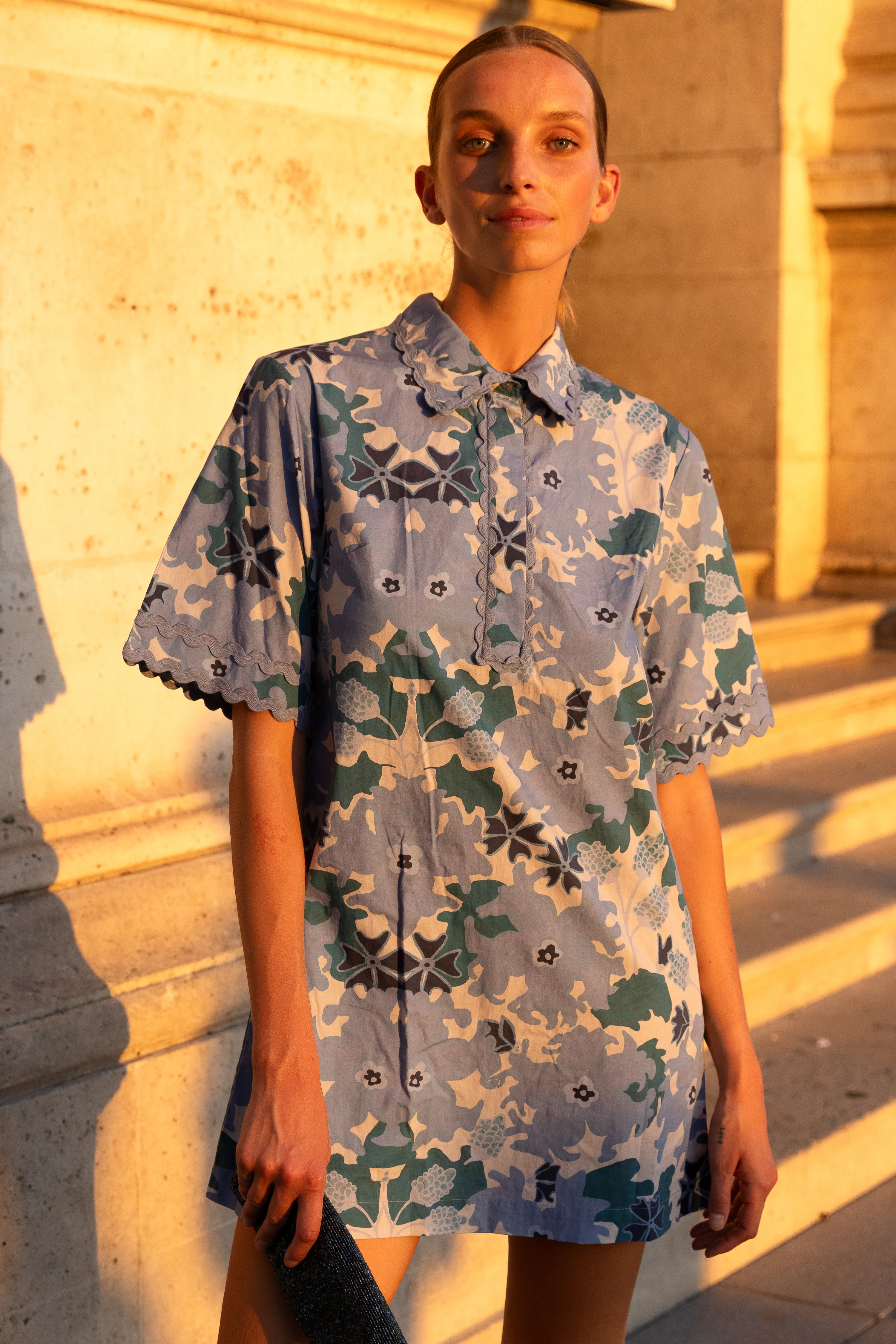 Collared Shirt Dress Mini- Suzani Blue - Image 4