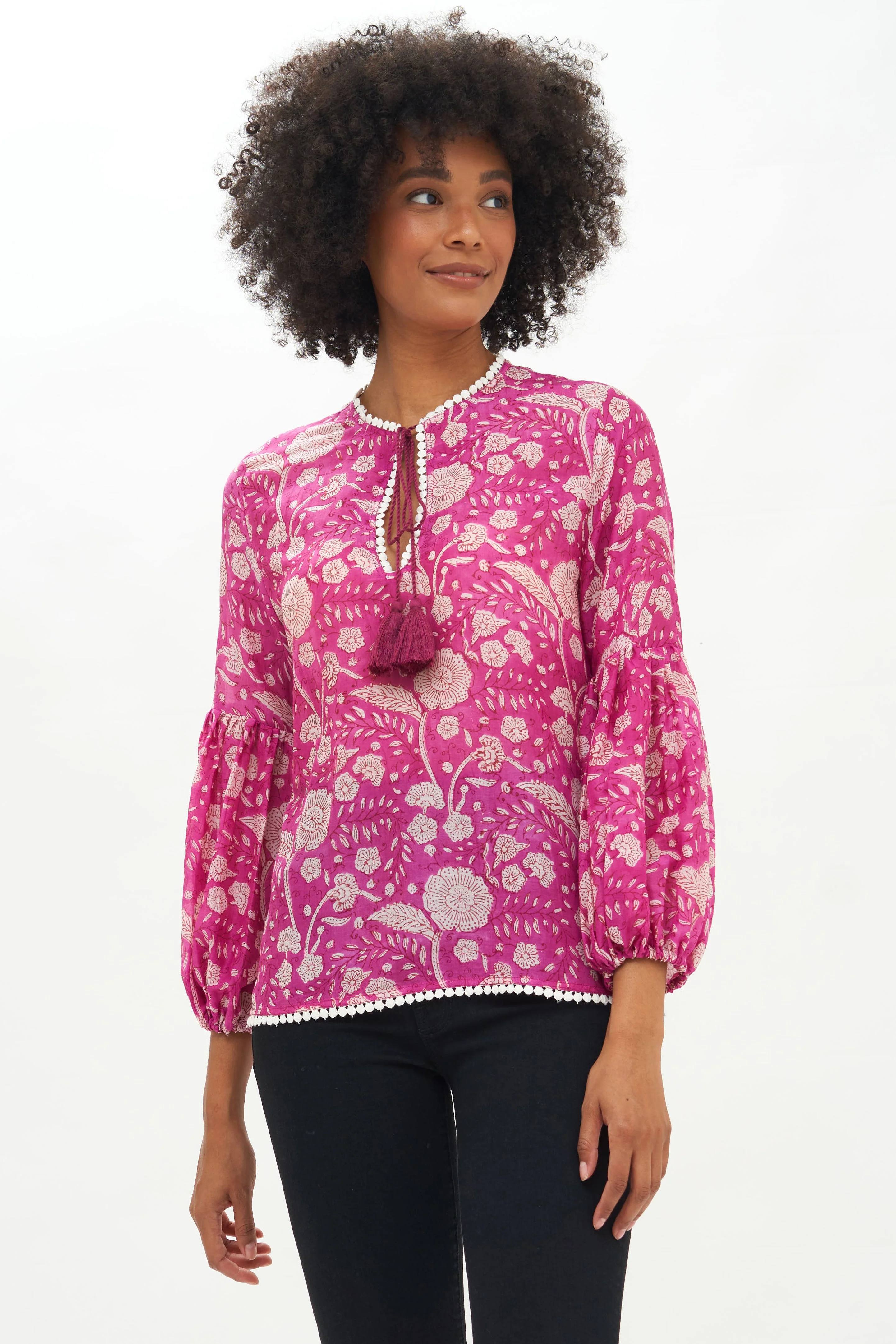 Balloon Sleeve Tie Top- Mulberry Magenta