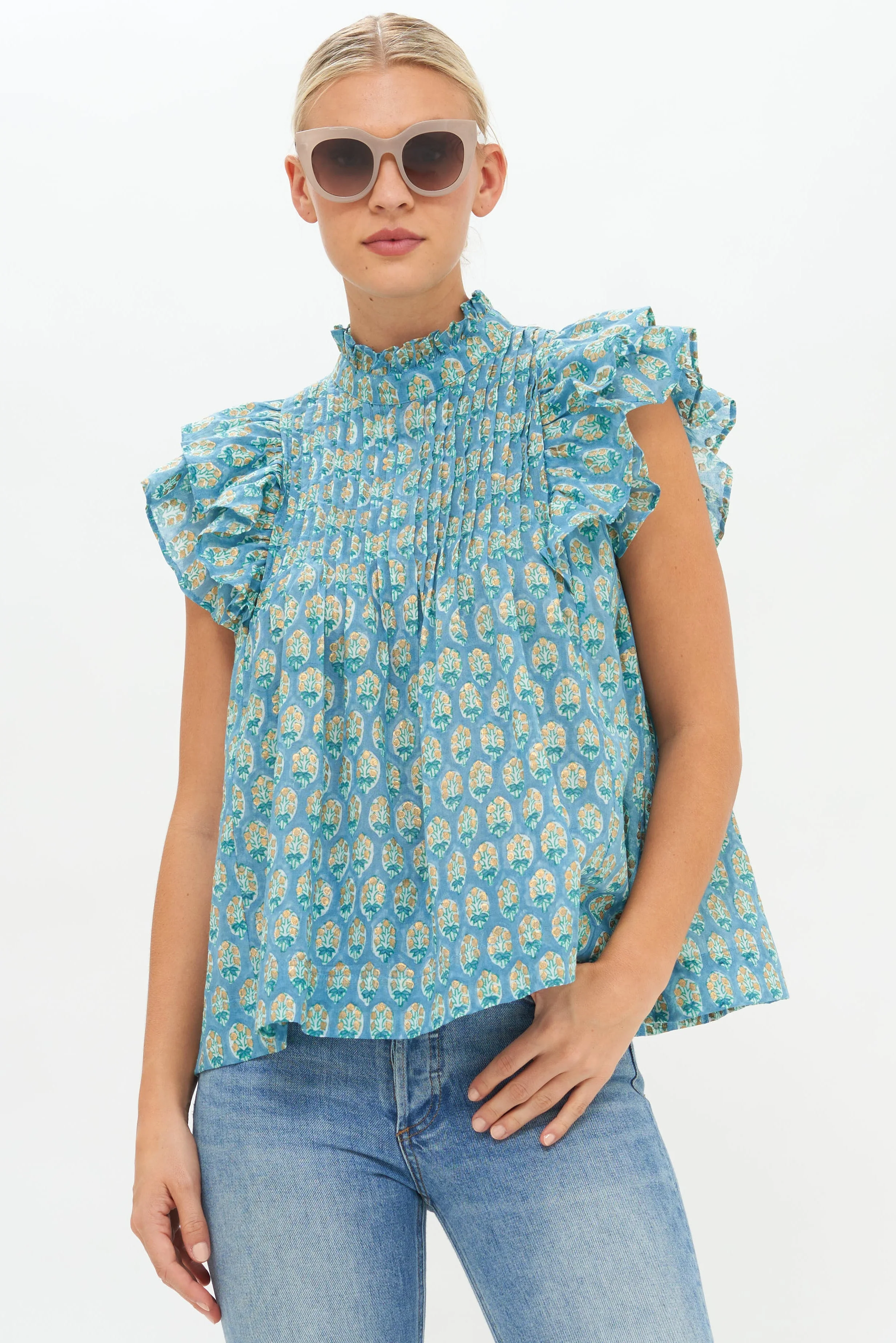 Pintuck Ruffle Top- Lisbon Blue Gold - Image 2