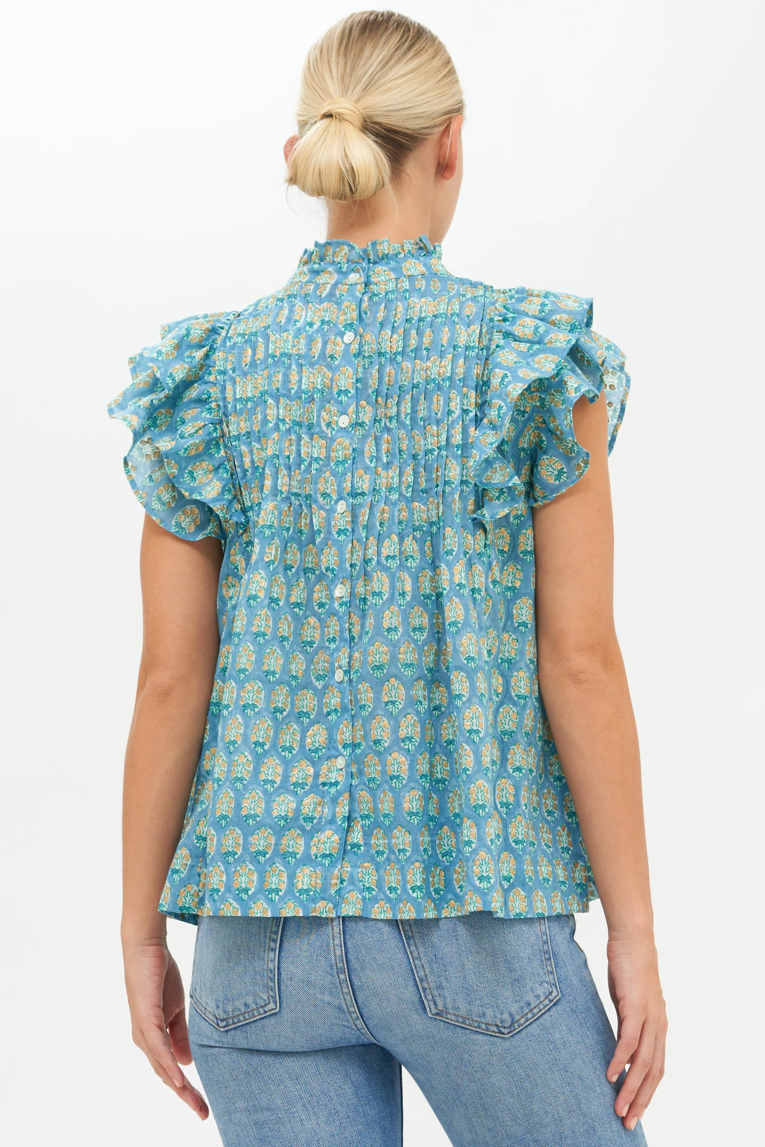 Pintuck Ruffle Top- Lisbon Blue Gold - Image 3