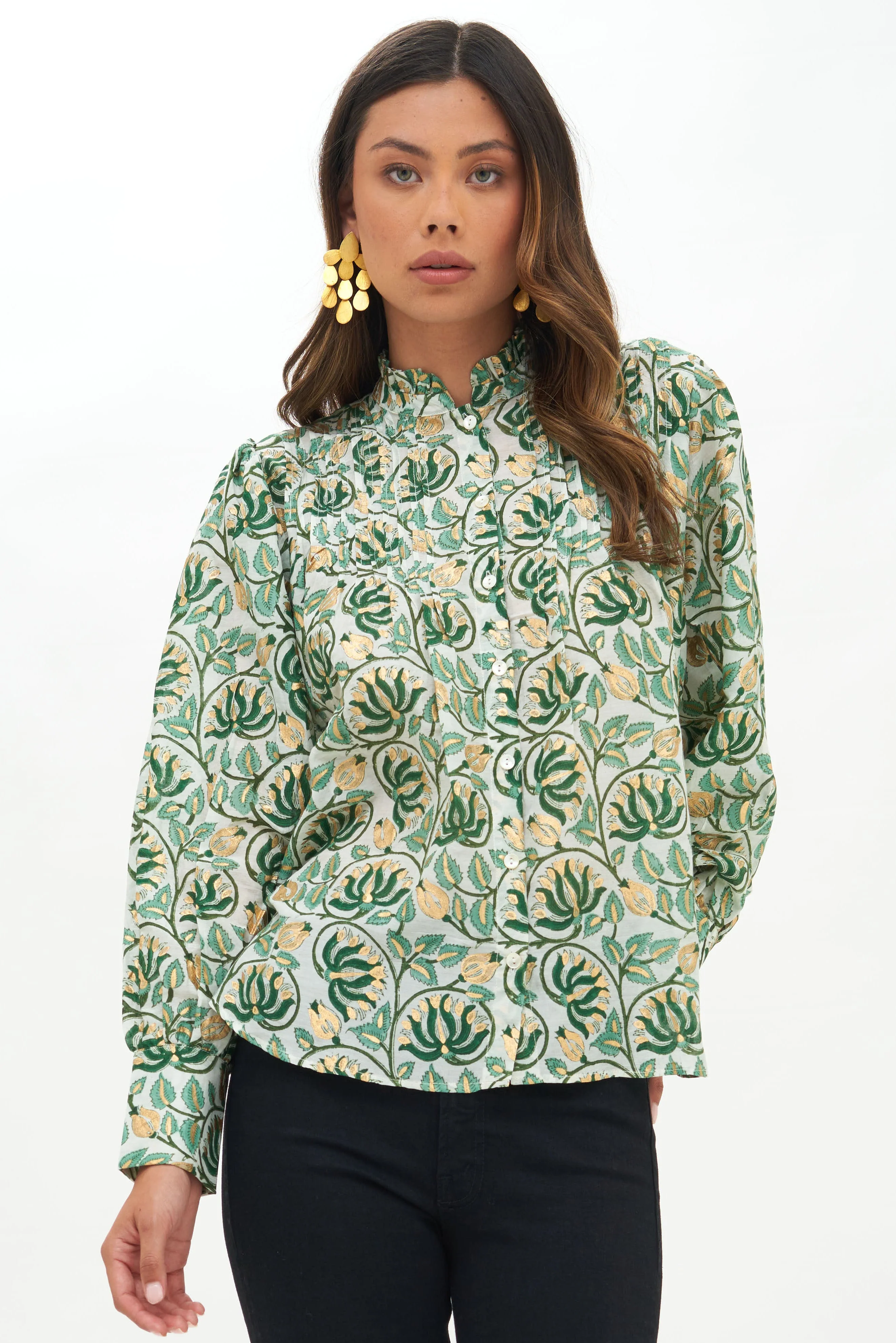 Pintuck Wide Cuff Blouse- Montenegro Green - Image 3